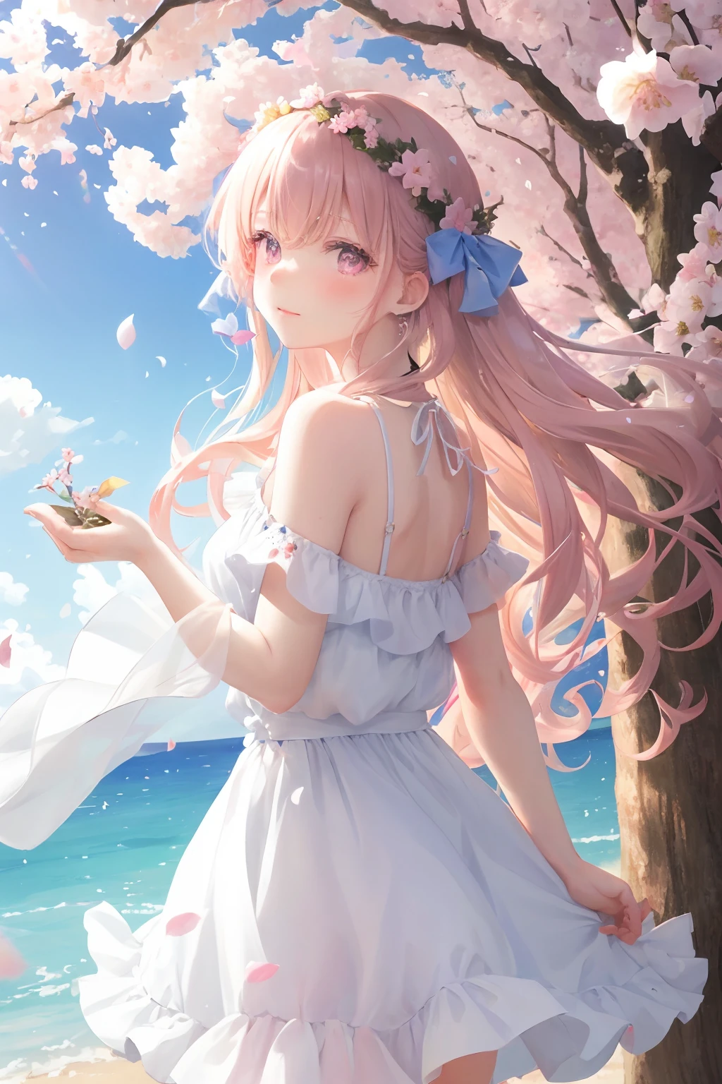 art by Cornflower, dreamy
cherry_blossoms, falling_petals, petals, branch, pink_flower, 1girl,20-year-old, blue_sky, spring_\(season\), petals_on_liquid, flower, hanami, dress, (Long blond curly hair：1.5),Wearing a wreath,sky, outdoors, cloud, bangs, smile, pink_eyes, White skirt with cherry blossom embellishments, bare_shoulders, earrings, holding_flower, wind, tree, looking_at_viewer,cowboy shot,