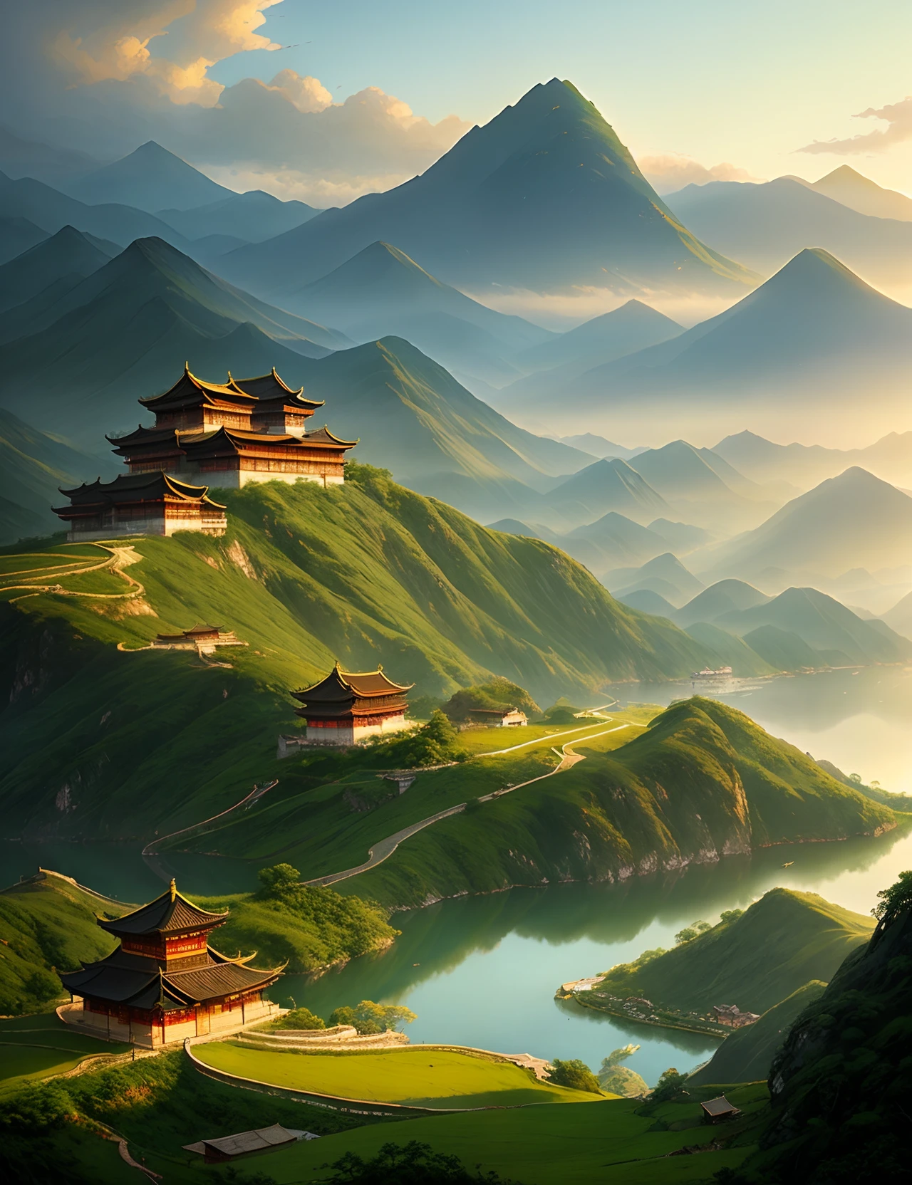 in the morning,chinese buildings on the mountains,magnificent,john Howe landscape,lake,china,dragon,clouds,farm,wlop fairy tale,light effect,dream,Greg rutkowski,artstation