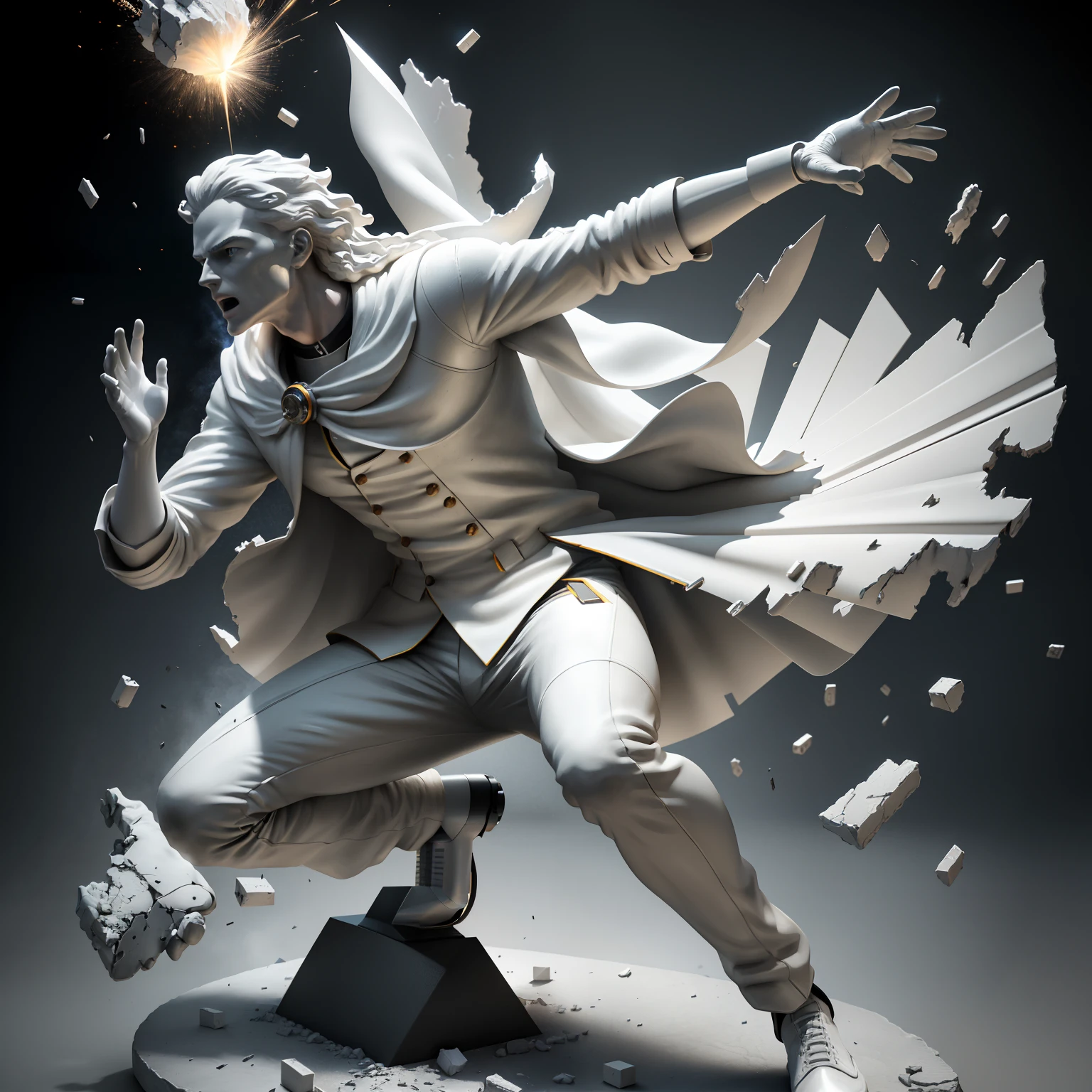 masterpiece, best quality, very detail shadow, extremely detailed, greyscale, A plaster statue of Newton blown up by a bullet, (high-speed camera), Clear skin texture, clear veins, Exaggerated expression, explosion sharp debris shooting in the air together on a black background, Plaster debris flying, dynamic dramatic movement, Andries Stock, product photo, (135mm F1.8 shot lens), kinetic art, macrophotography hyper realistic octane render, hard surface modelling, 8k , super clean , sharp focus, CGSociety