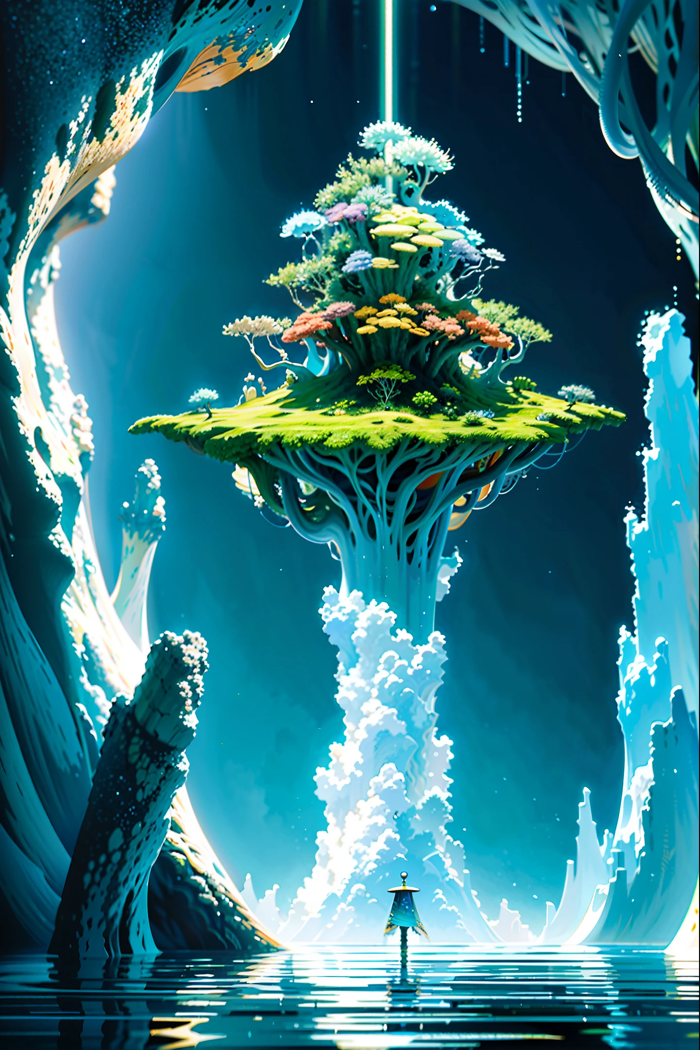 a painting of a beyond-dimensional fantasy world,a world of under the sea,Atlantis,science fiction,uplighting,studio Ghibli,unreal engine,epic composition,CG digital render,Ultra HD,technique highly detailed,triadic color scheme