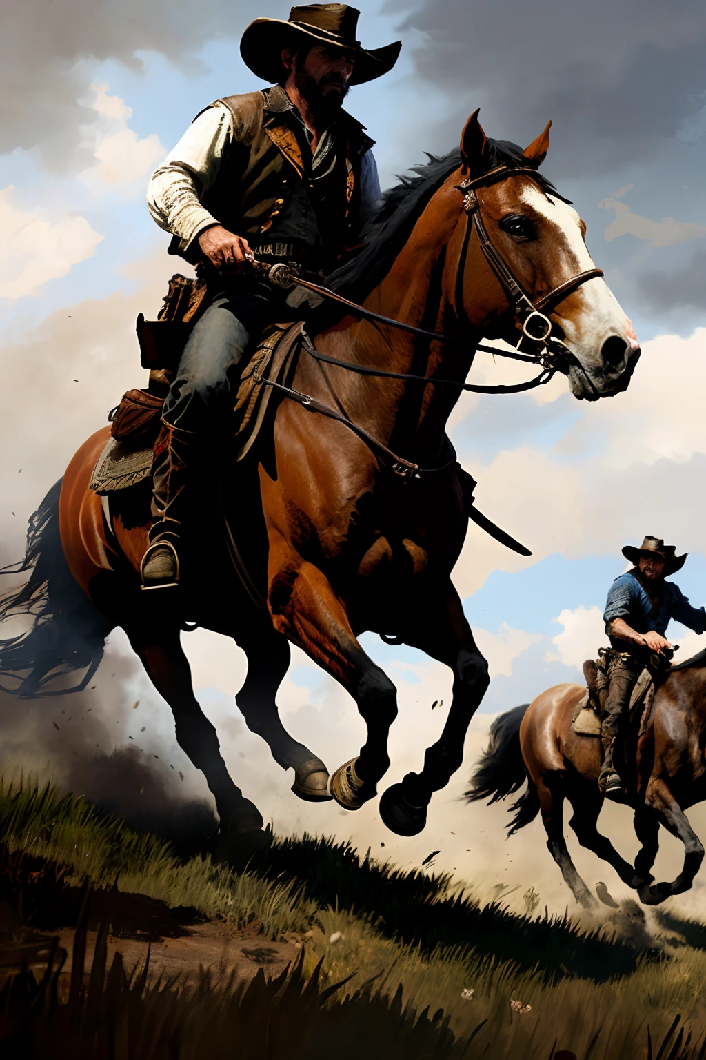 Intricate dynamic action shot of rogue riding a horse, cinematic Steve Henderson Fabian Perez Henry Asencio Jeremy Mann Marc Simonetti Fantasy, red dead redemption 2 atmosphere