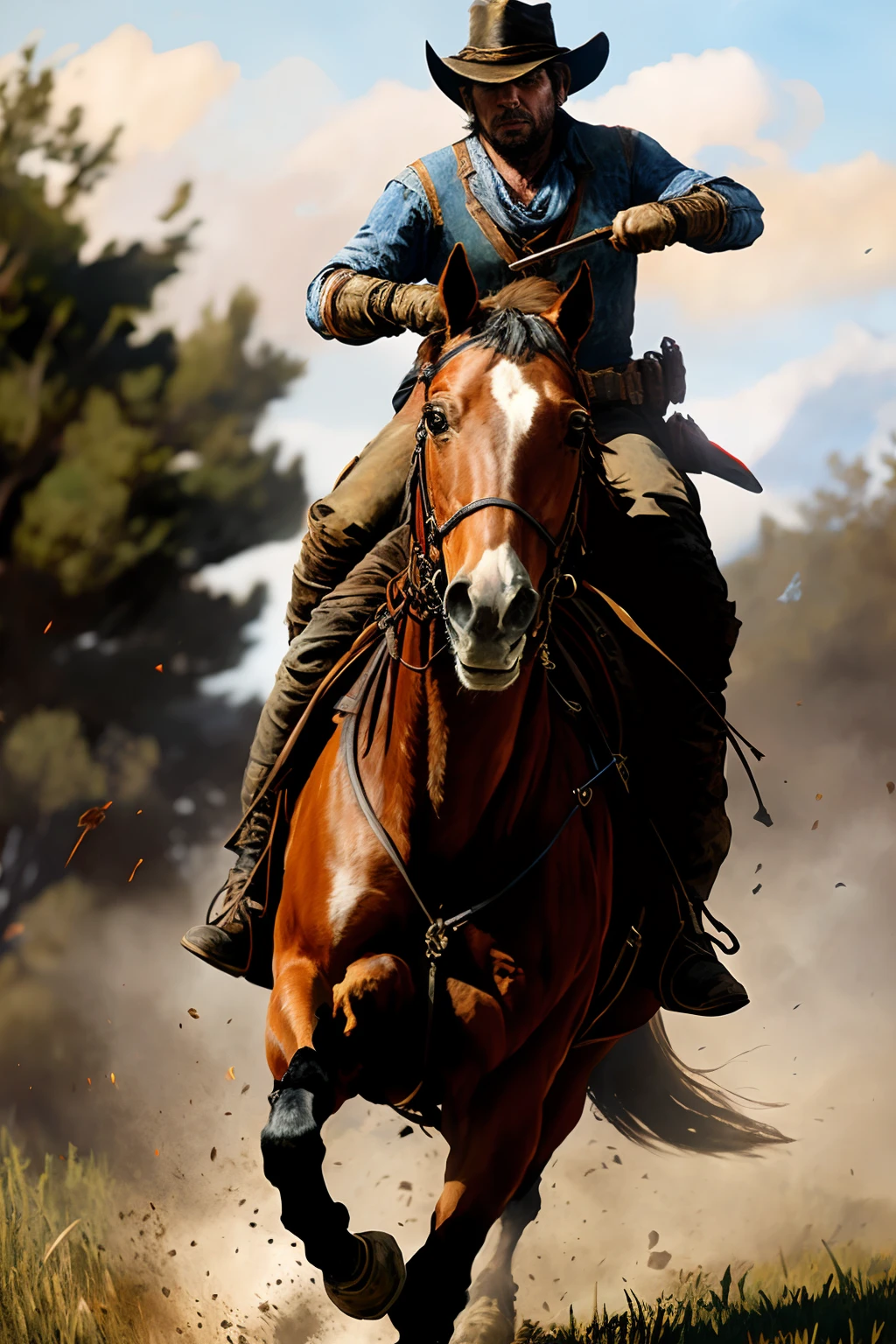 Intricate dynamic action shot of rogue riding a horse, cinematic Steve Henderson Fabian Perez Henry Asencio Jeremy Mann Marc Simonetti Fantasy, red dead redemption 2 atmosphere