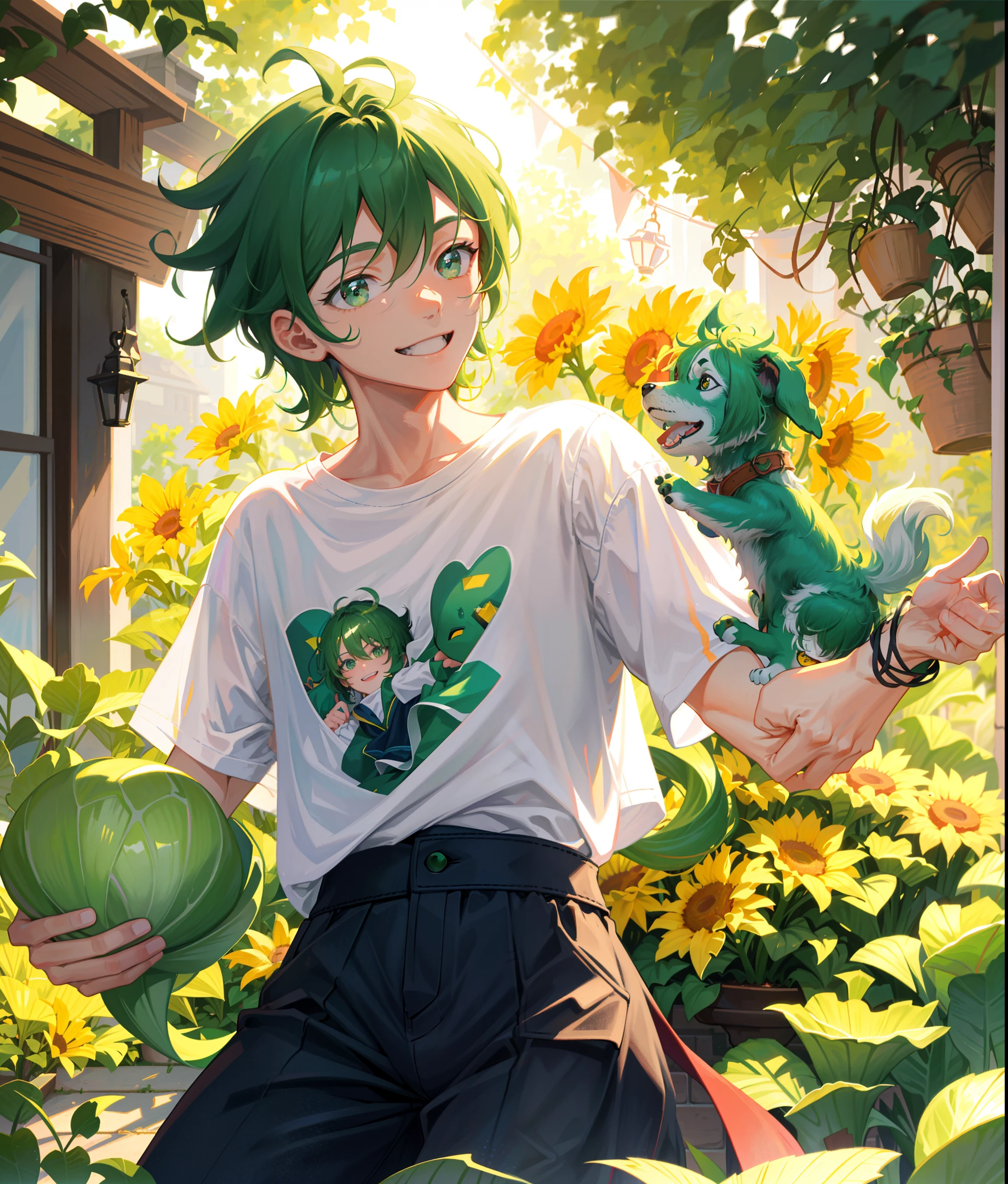 This is an extremely detailed CG portrait with the best lighting and shadows. There is a charming and radiant boy with green hair, wearing a casual white T-shirt, holding a green puppy, and the dog is eating cabbage. The smile is bright, and the beautiful face exudes warmth and charm.