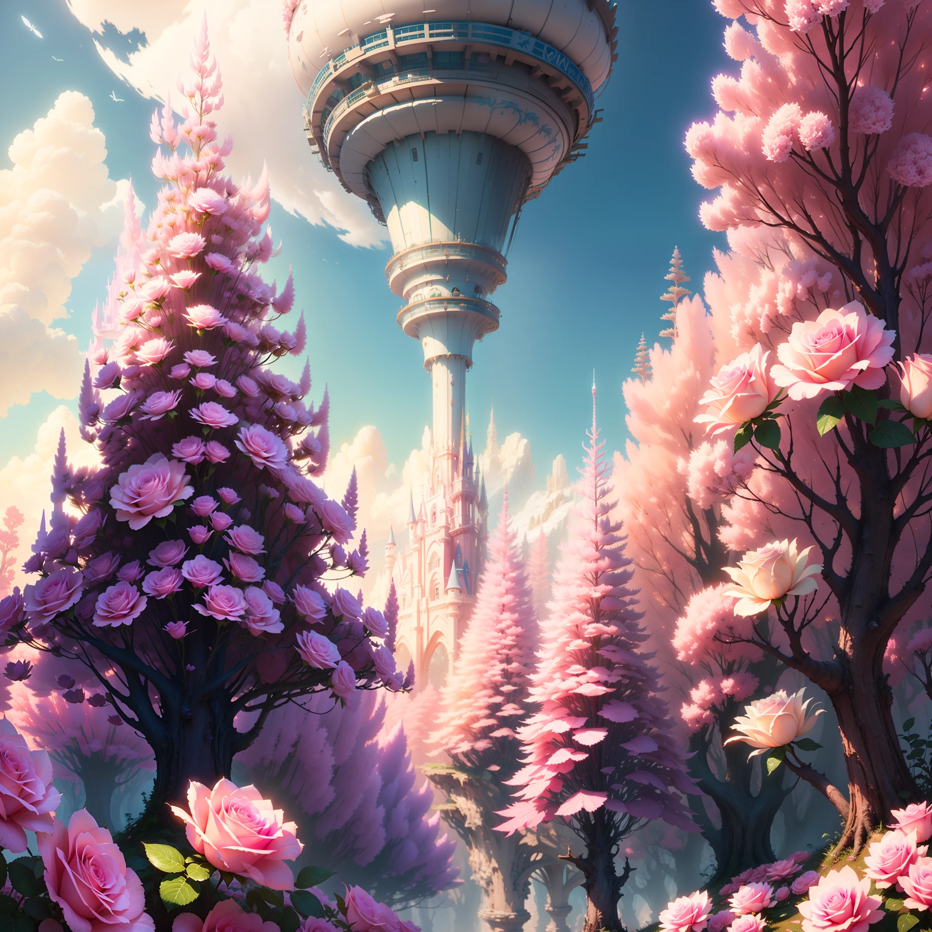 Pink forest and white castle, a hyper detailed C4D render, white roses ,Disney, surrealism, surreal concept art, digital painting, complex, aesthetic, smooth, sharp focus, artstation hd, by bruce pennington, valentina remenar and asher duran, virtual engine