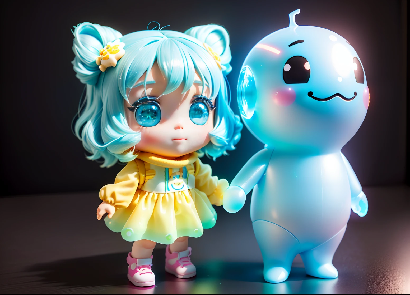 The full body 3d artwork of super cute girl, good-looking eyes, big eyes ,Amusement park, ice cream, girl, cute, happy, c4d,pop Matt Blind Box, , glowing bubbles, toys,solid color background, chibi, fluorescent translucent, glowing body,kawaii,, doll, concept art, T pose, reference sheet, pop mart blind box, Pixar,green watery - eyes,complex details, 3d render, blender, OC renderer, foll body reference sheet, dribble, high details, 8k, studio lighting,loli, petite, child, infant, toddlers, chibi, sd character:1.1
