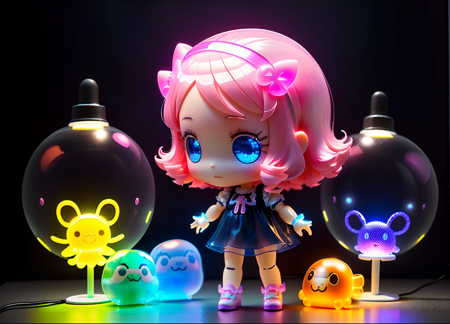 The full body 3d artwork of super cute girl, front view, side view, back view, good-looking eyes, big eyes , 1 girl, li,cute, happy, c4d,pop Matt Blind Box, , glowing bubbles, toys，chibi, fluorescent translucent, glowing body,kawaii,bauhaus,colorful,plastic,transparent,product design,glow jelly,delicate cute plastic mechanical parts,awesome Lighting,3d,digital art,translucent plastic bubblegum,solid color background, chibi, , doll, concept art, T pose, Pixar, complex details, 3d render, blender, OC renderer, foll body reference sheet, dribble, high details, 8k, studio lighting,sd character:1.1