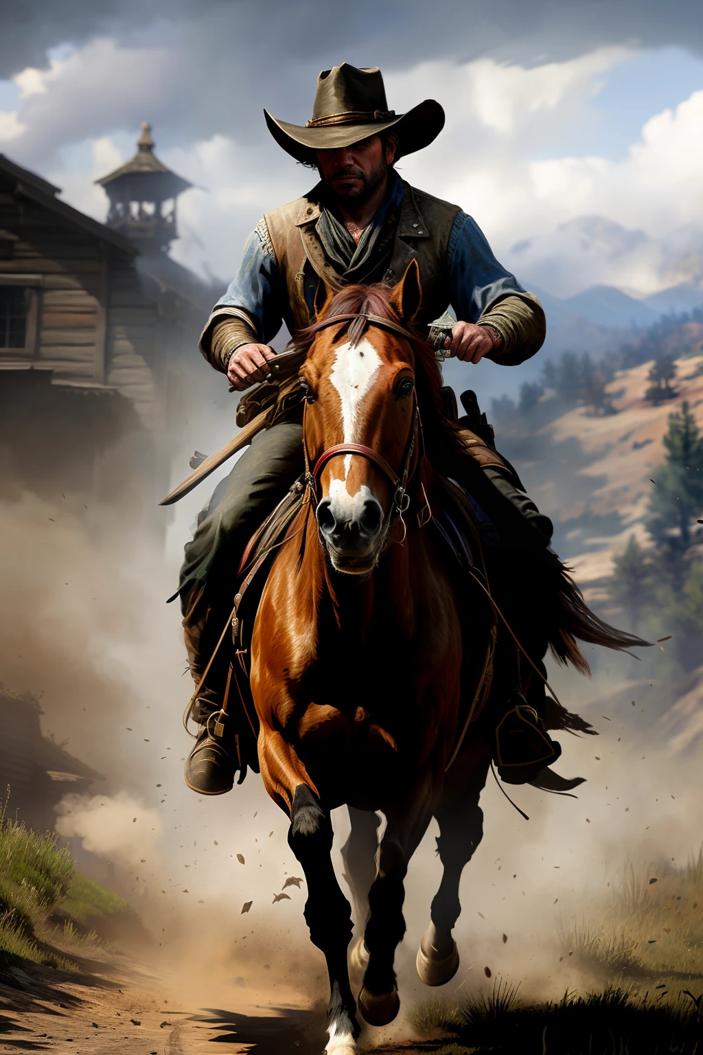 Intricate dynamic action shot of rogue riding a horse, cinematic Steve Henderson Fabian Perez Henry Asencio Jeremy Mann Marc Simonetti Fantasy, red dead redemption 2 atmosphere