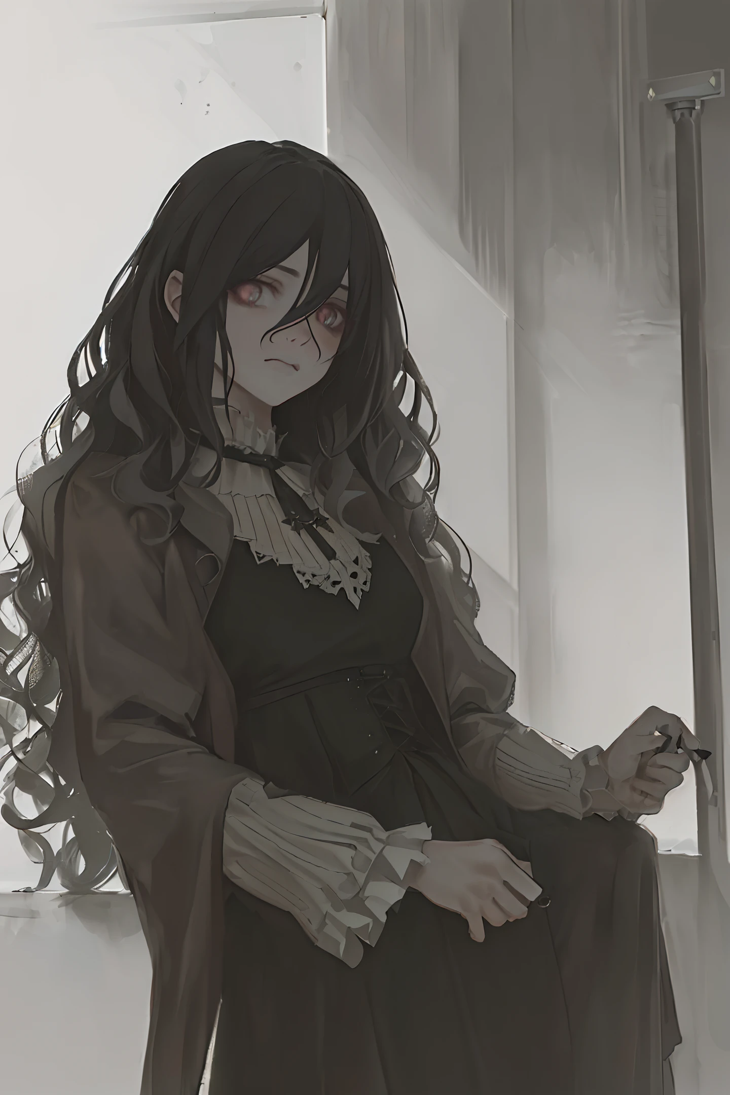 (masterpiece:1.2), best quality, (dark aesthetic, gloomy aesthetic, horror aesthetic:1.2), dark undertones, (cinematic lighting:1.2), (detailed lighting:1.1), pixiv, realistic proportions, villain, evil, (1girl, feminine:1.1), (wavy hair:1.4), (accessories:1.1),