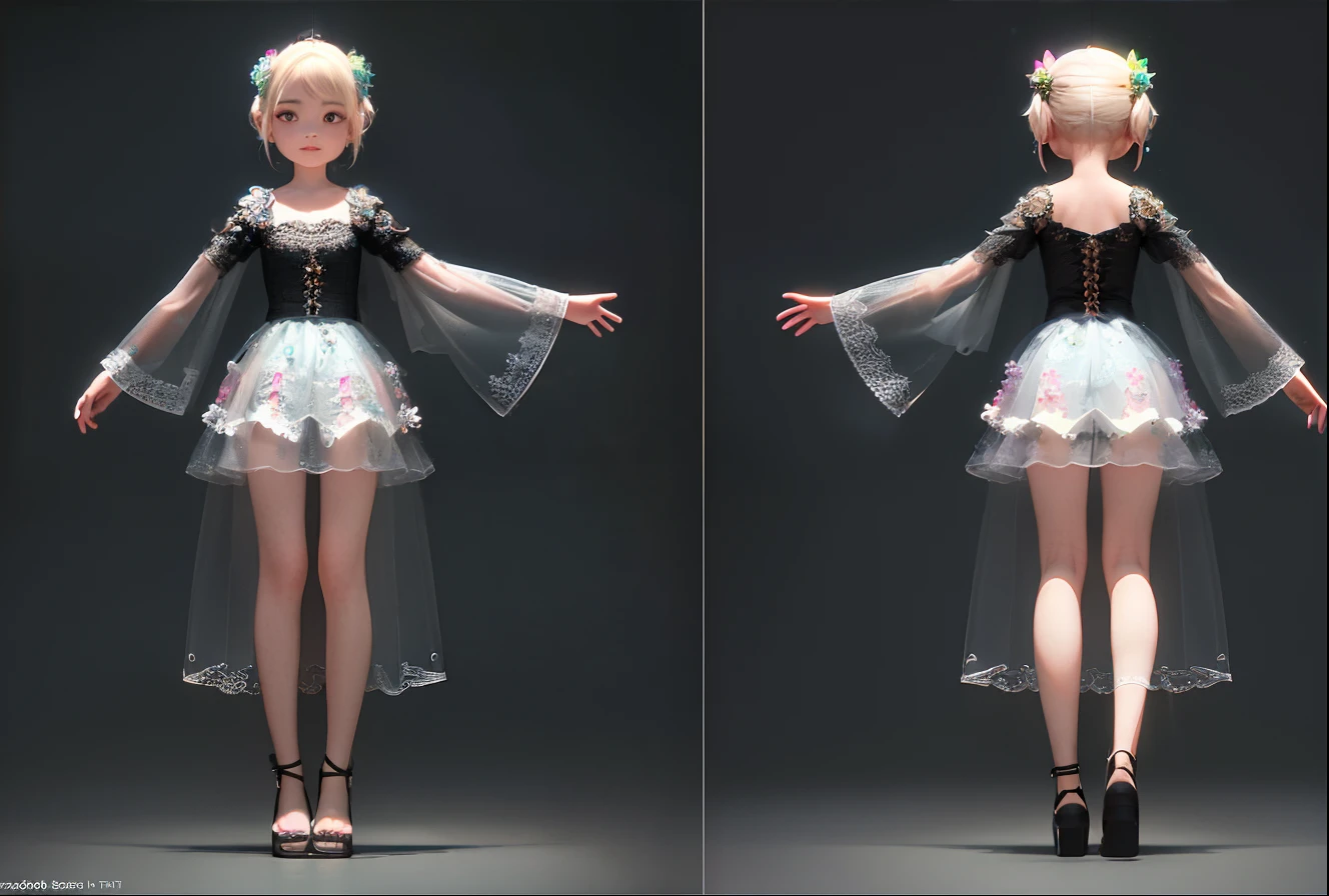 (Same character, front, side, back), simple background! , (full body), in the center of the screen, realistic texture, detailed lighting, delicate shadows, exaggerated hair, little girl, 3 beautiful eyes, big eyes with pink-green gradient, chib, fluorescent translucent, colorful, delicate light 3d, digital art, translucent plastic bubblegum, closeup, 3d, super detailed, generative front view, side view, back view 3 view, frameless, c4d, Octane render, Blender, hd, full body, detailed plastic material,