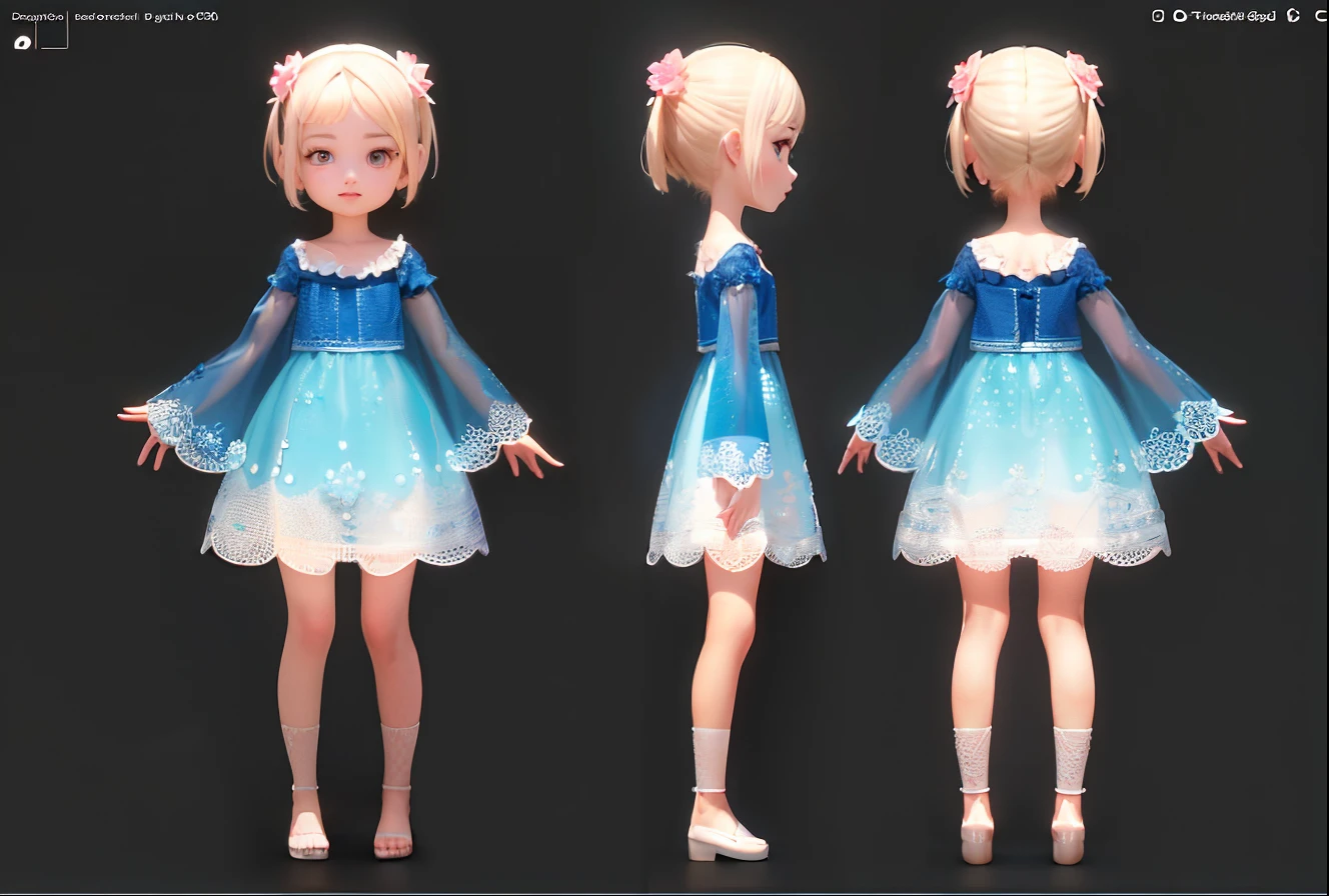 (Same character, front, side, back), simple background! , (full body), in the center of the screen, realistic texture, detailed lighting, delicate shadows, exaggerated hair, little girl, 3 beautiful eyes, big eyes with pink-green gradient, chib, fluorescent translucent, colorful, delicate light 3d, digital art, translucent plastic bubblegum, closeup, 3d, super detailed, generative front view, side view, back view 3 view, frameless, c4d, Octane render, Blender, hd, full body, detailed plastic material,