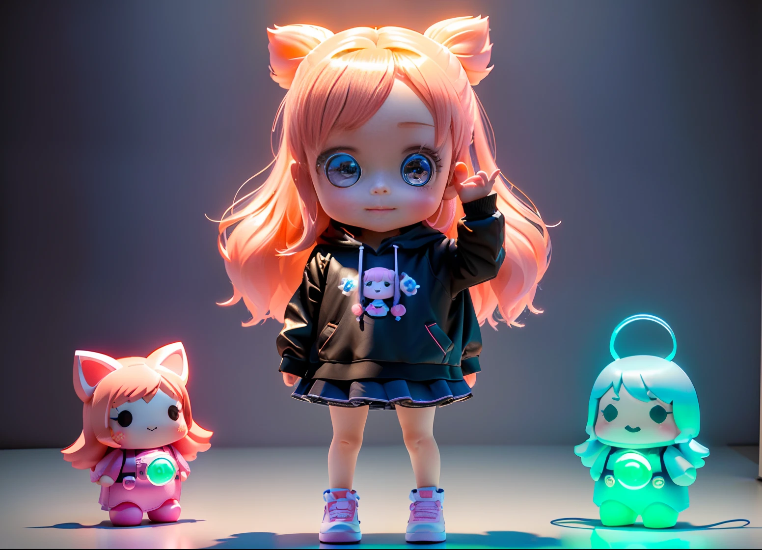 The full body 3d artwork of super cute girl, 1 girl, good-looking eyes, big eyes , cute, happy, c4d,pop Matt Box, , glowing bubbles, toys,solid color background, chibi, fluorescent translucent, glowing body,kawaii, doll, T pose, reference sheet, pop mart blind Pixar,complex details, 3d render, blender, OC renderer, foll body reference sheet, dribble, high details, 8k, studio lighting,loli, petichild, chibi,haracter:1.1