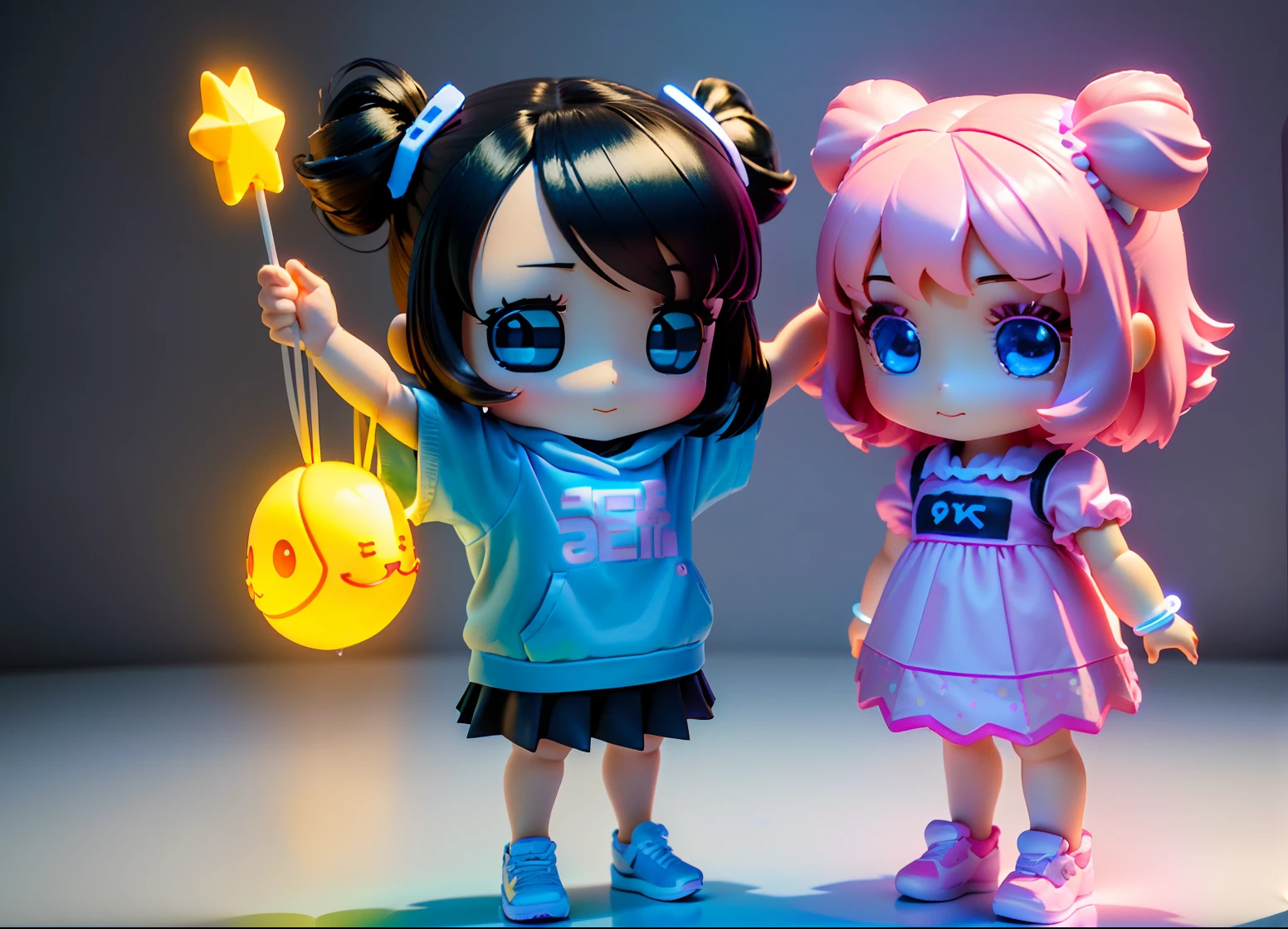 The full body 3d artwork of super cute girl, 1 girl, good-looking eyes, big eyes , cute, happy, c4d,pop Matt Blind Box, , glowing bubbles, toys,solid color background, chibi, fluorescent translucent, glowing body,kawaii, doll, T pose, reference sheet, pop mart blind box, Pixar,complex details, 3d render, blender, OC renderer, foll body reference sheet, dribble, high details, 8k, studio lighting,li, pee, childibi, sd character:1.1