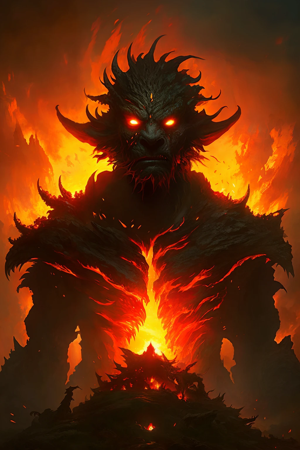 Portrait of a burning fire and lava demon by Byard Wu and Marc Simonetti and George Inness, Fantasy horror atmosphere