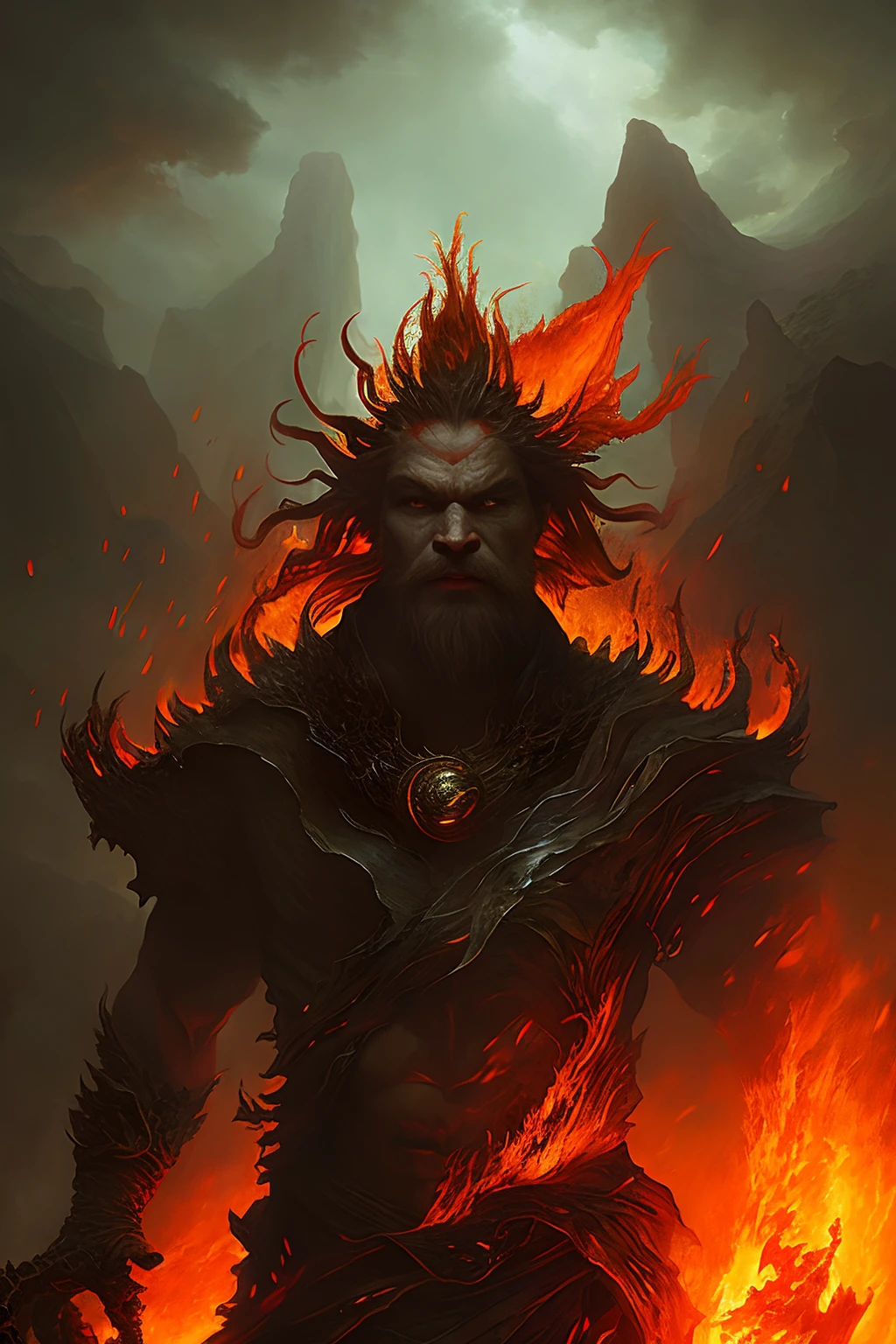 Portrait of a burning fire and lava demon by Byard Wu and Marc Simonetti and George Inness, Fantasy horror atmosphere