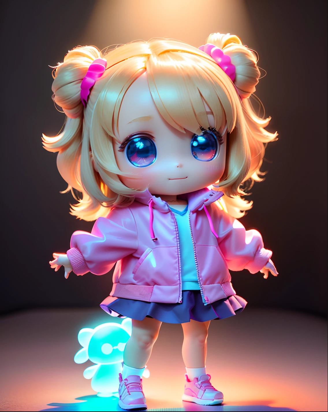 The full body 3d artwork of super cute girl, 1 girl, good-looking eyes, big eyes , cute, happy, c4d,pop Matt Blind Box, , glowing bubbles, toys,solid color background, chibi, fluorescent translucent, glowing body,kawaii, doll, T pose, reference sheet, pop mart blind box, Pixar,complex details, 3d render, blender, OC renderer, foll body reference sheet, dribble, high details, 8k, studio lighting,loli, petite, child, chibi, sd character:1.1
