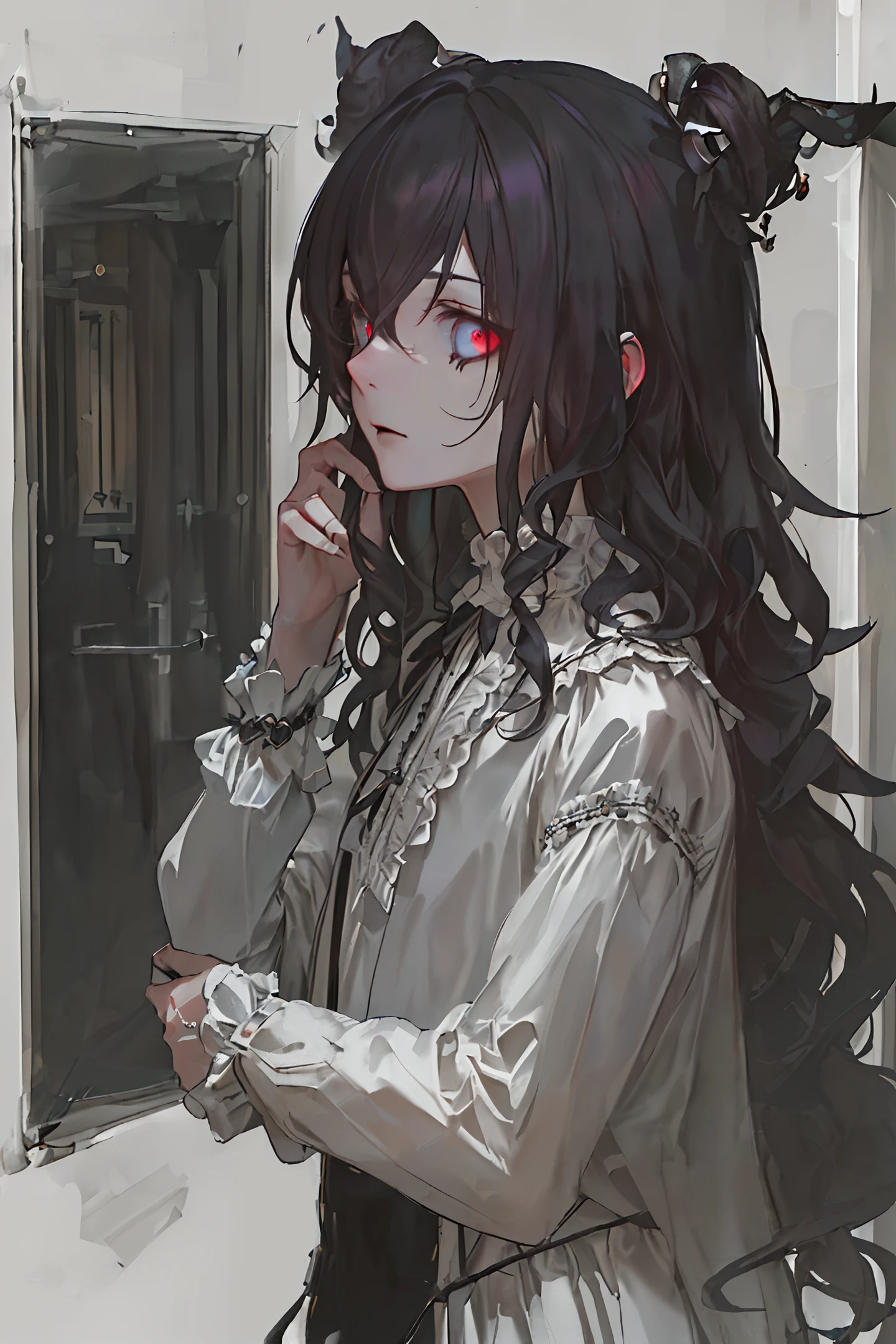 (masterpiece:1.2), best quality, (dark aesthetic, gloomy aesthetic, horror aesthetic:1.2), dark undertones, (cinematic lighting:1.2), (detailed lighting:1.1), pixiv, realistic proportions, villain, evil, (1girl, feminine:1.1), (wavy hair:1.4), (accessories:1.1),