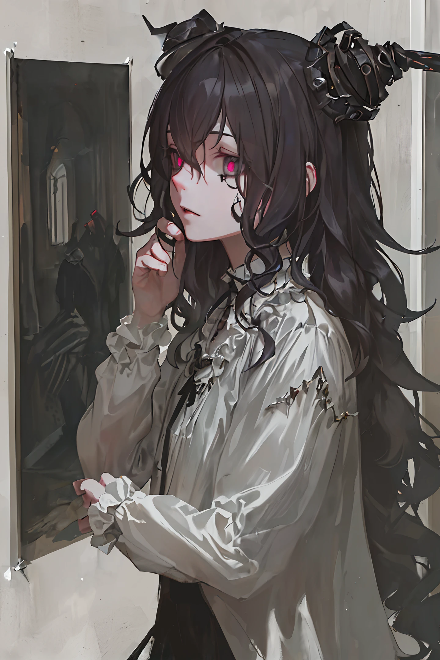(masterpiece:1.2), best quality, (dark aesthetic, gloomy aesthetic, horror aesthetic:1.2), dark undertones, (cinematic lighting:1.2), (detailed lighting:1.1), pixiv, realistic proportions, villain, evil, (1girl, feminine:1.1), (wavy hair:1.4), (accessories:1.1),