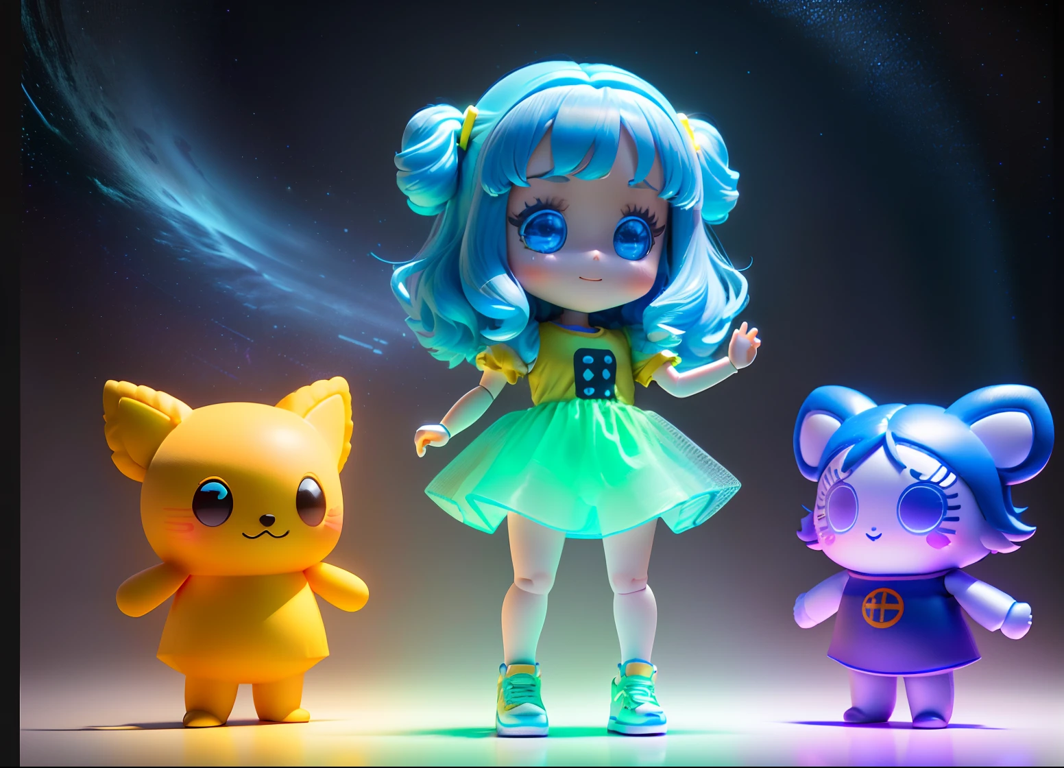 The full body 3d artwork of super cute girl, 1 girl, good-looking eyes, big eyes ,  cute, happy,  c4d,pop Matt Blind Box, ,  glowing bubbles, toys，solid color background, chibi, fluorescent translucent, glowing body,kawaii, doll, T pose, reference sheet, pop mart blind box, Pixar,complex details, 3d render, blender, OC renderer, foll body reference sheet, dribble, high details, 8k, studio lighting,loli, petite, child,  