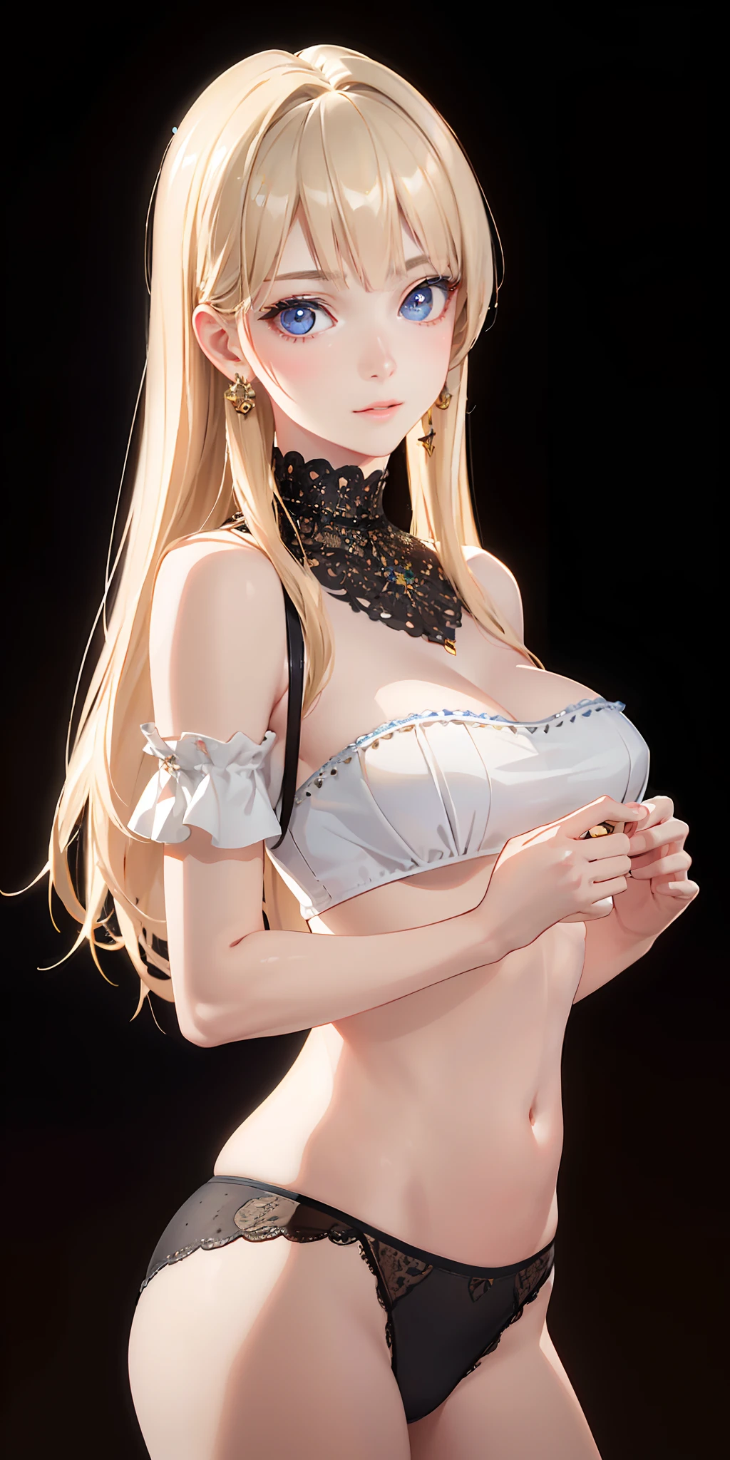 (photorealistic:1.4), (masterpiece, sidelighting, finely detailed beautiful eyes: 1.2), masterpiece*portrait, realistic, 3d face, glowing eyes, shiny hair, lustrous skin, solo, embarassed, (midriff), black underwear, blonde hair,