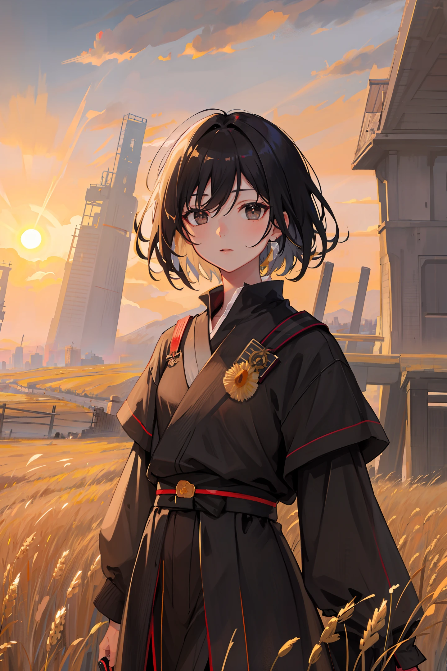 masterpiece, best quality, 1girl, portrait, blacl hair, short hair, black eyes, samurai, wheat landscape, sun, clouds, (neutral colors), (hdr:1.4)