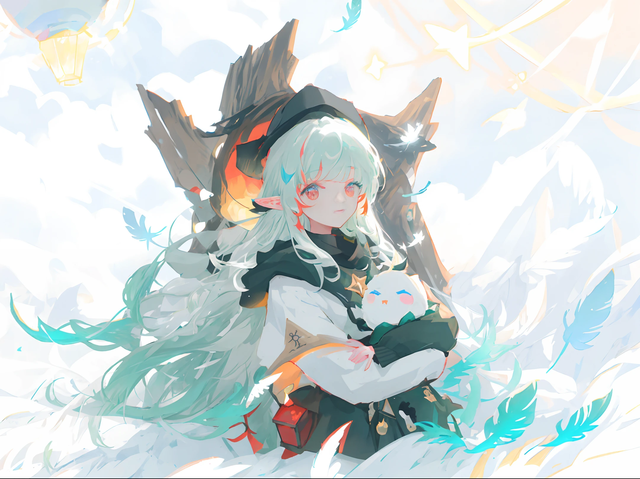 mksks style, masterpiece, best quality, ultra-detailed, illustration, portrait, 1girl, solo, dimly lit, carrying a glowing lantern, chromatic aberration, depth of field, white hair, multicolored hair, hair streaks, red eyes, happy expression, elf ears, outdoors, castle in the distance, huge lake, dark green grass, giant trees, big fluffy clouds, bright shining stars, night sky, full moon, vivid, birds, feathers, magic runes tattoos,