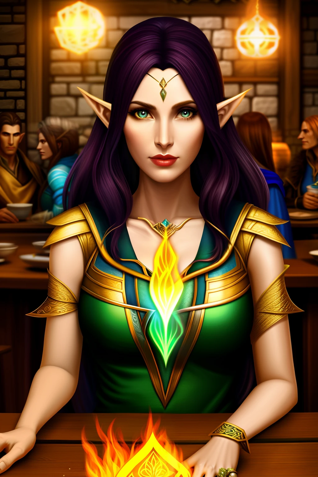 a female elf sorceress in tavern, volumetrics, close up