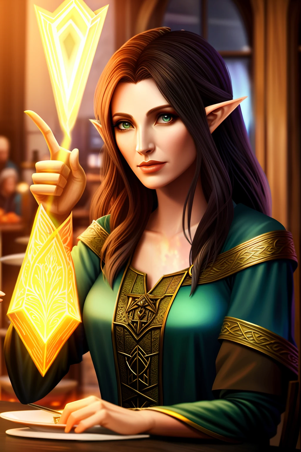 a female elf sorceress in tavern, volumetrics, close up
