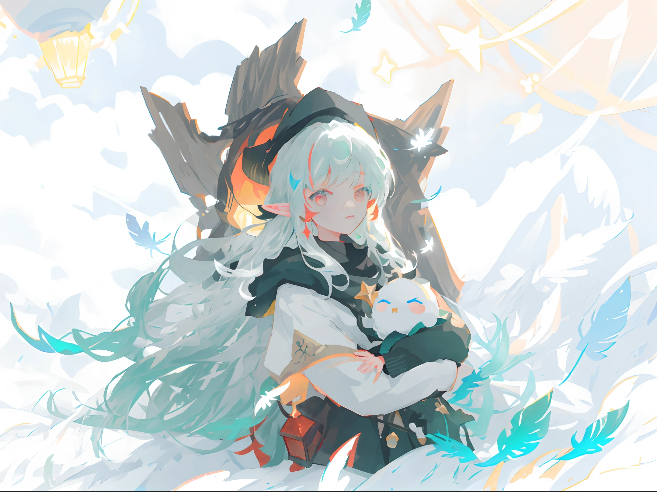 mksks style, masterpiece, best quality, ultra-detailed, illustration, portrait, 1girl, solo, dimly lit, carrying a glowing lantern, chromatic aberration, depth of field, white hair, multicolored hair, hair streaks, red eyes, happy expression, elf ears, outdoors, castle in the distance, huge lake, dark green grass, giant trees, big fluffy clouds, bright shining stars, night sky, full moon, vivid, birds, feathers, magic runes tattoos,