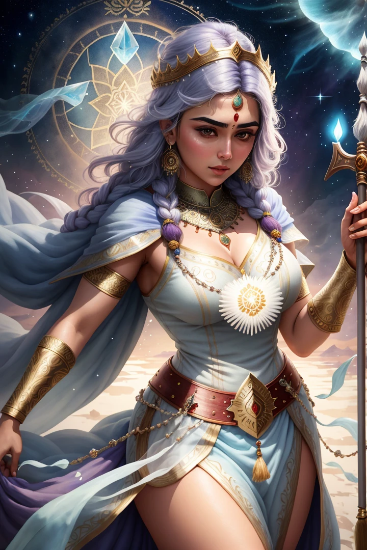 sfw, [fantasy], watercolor illustration, Full Shot, of beautiful nordic female wizard, holding grand staff, in astral plane, (fully clothed:1.2), toned physique, perfect large round breasts, toned medium ass, perfect limbs, (detailed skin, diffused skin pores), ethereal, maximum detail, maximum quality, (bloom:0.5), raytracing, specular lighting, shallow depth of field, smooth, cinematic film still from Elder Scrolls, [Arcane Fantasy:12] , india, Hinduism, indian clothes, a close up portrait photo of beautiful Hansika Motwani, Hansika Motwani