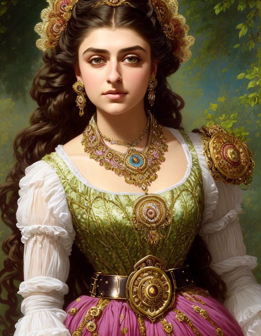 Best quality, illustration, detailed, high fantasy, Young beautiful 18-year-old woman, elegant, medium shot, intricate, (ethereal clothes:1.1), encrusted belt, embroidered, (Fantasy City:1.1), (art by Franz Xaver Winterhalter:1.2), india, Hinduism, indian clothes, a close up portrait photo of beautiful Hansika Motwani, Hansika Motwani