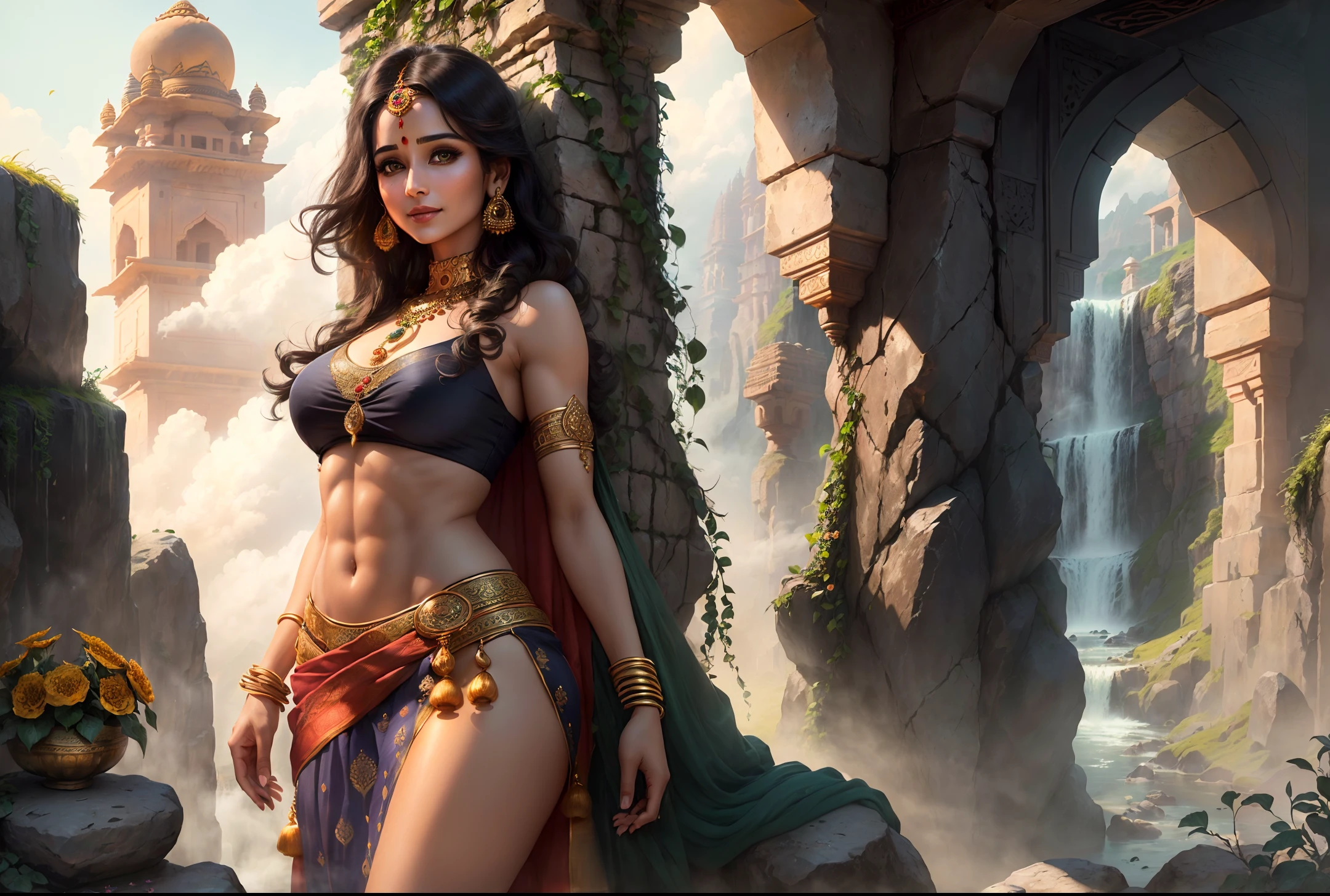 (masterpiece, best quality, ultra-detailed, best shadow),((realistic)),
(detailed background,dark fantasy), (beautiful detailed face), high contrast, bright details,
(best illumination, an extremely delicate and beautiful), (( cinematic lighting)),
colorful, hyper detail, dramatic light, intricate details,
(detailed clothes features),
(super-wide-angle lens:1.5),depth of field,
(1girl), solo,((a mature woman, standing,smile face)),
sexy,(long legs,wide hips, thigh,abs,toned physique,toned muscles:1.2),
(green eyes, black long hair, messy hair, floting hair),
(Armlet, Haar, Payal,Maang Tikka,Jhumkas,Kamarband,Bangles,Bindi,Jhumkas:1.3),
(clear background:1.2),(architecture of ancient India, stone wall, rock,flowers, waterfall,cloud,grass, fog,vine,peak, tree,cliff ,deep canyons,bridge,river, outdoors),
india, Hinduism, indian clothes, a close up portrait photo of beautiful Raashi Khanna, Raashi Khanna
