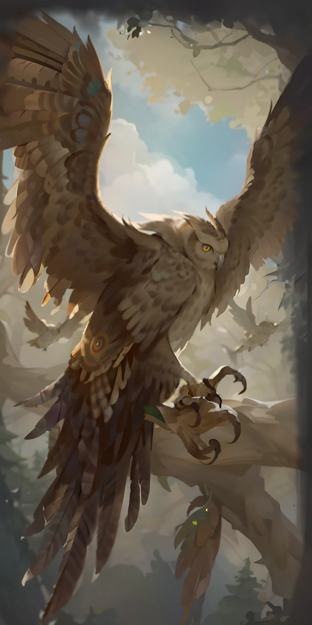 The giant owl with multicolored feathers is the main subject, showing its grandeur with dynamic angles and mesmerizing eyes. The forest background adds depth of field and atmosphere, with leaves and trees swaying in the wind. 
