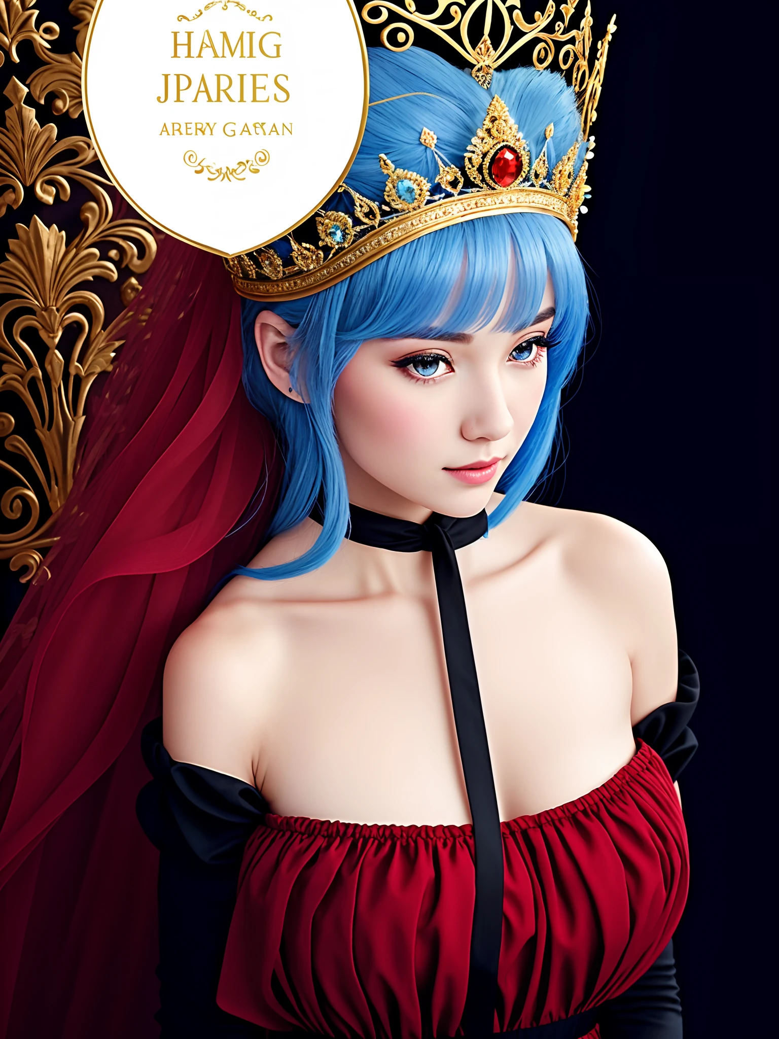 This is a detailed description of a princess with blue hair, red eyes, and an Asian face. She is wearing a princess crown on her head and a red and black-trimmed princess dress.
The princess has long, flowing hair that is a bright shade of blue, almost like the color of the sky on a clear day. Her hair is styled in loose, romantic waves that frame her face and cascade down her back. Her eyes are a striking shade of red, giving her an intense and powerful gaze that demands attention.
She is dressed in a stunning princess gown that is fit for royalty. The dress is primarily red, with black trim around the edges and on the sleeves. The dress is long and flowing, with a full skirt that billows out around her as she walks. It is made from luxurious fabrics that shimmer and shine in the light, giving the impression that the princess is surrounded by a magical aura.
On top of her head, the princess wears a beautiful princess crown. The crown is made from gleaming gold and is studded with sparkling jewels that catch the light and twinkle with every movement. The crown is tall and majestic, giving the princess an air of regality and nobility.
Despite her striking appearance, the princess has a gentle and