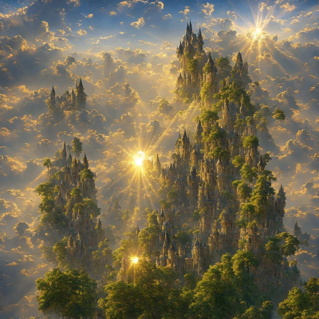a medieval castle , symmetry, Vladimir Kush,superb detail,by greg rutkowski and alphonse mucha, soft shadows, concept art, super detailed, unreal engine 5, octane render, vfx, houdini, super realistic, ufotable studio art style, global illumination, trending in pixiv, dramatic color, ray tracing, god rays, masterpiece, 8K, global illumination, Super long-range wide-angle lens, panoramic view, god rays, dream world