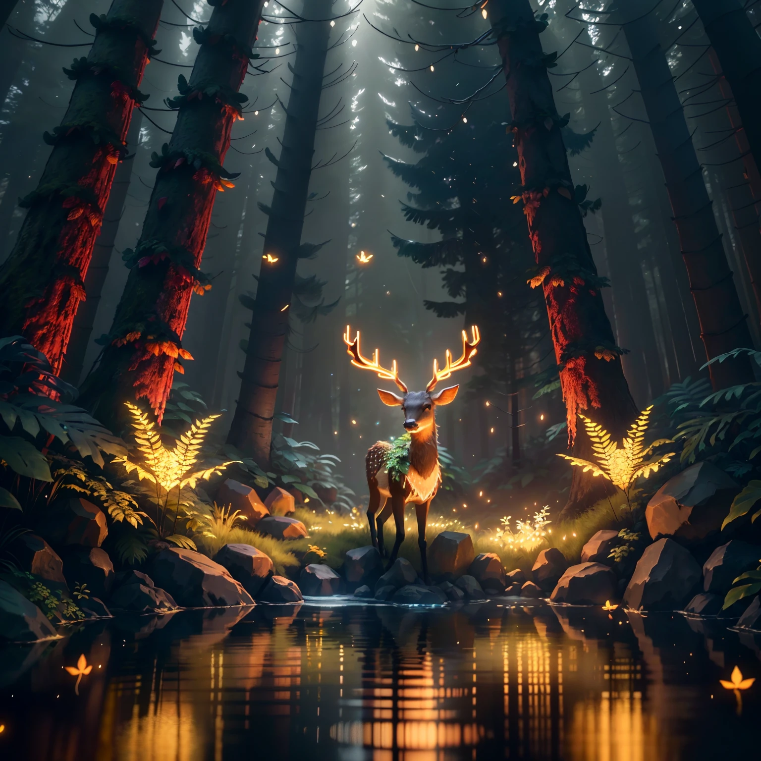 3D Render,realistic style,low poly style game design ,glow sprite, with a glowing deer, in a pool Drinking water, natural elements in the forest theme. Mysterious forest, beautiful forest, nature, surrounded by flowers, delicate leaves and branches surrounded by fireflies (natural elements), (jungle theme), (leaves), (twigs), (fireflies), (particle effects),Vray rendering,Art station, High quality, ultra-high definition details,concept design,cinematic light, very high definition, high details, 8k, hyper realistic, high detail,global illumination,realistic lighting,Unreal Engine rendering,Substance 3D, Octane rendering,