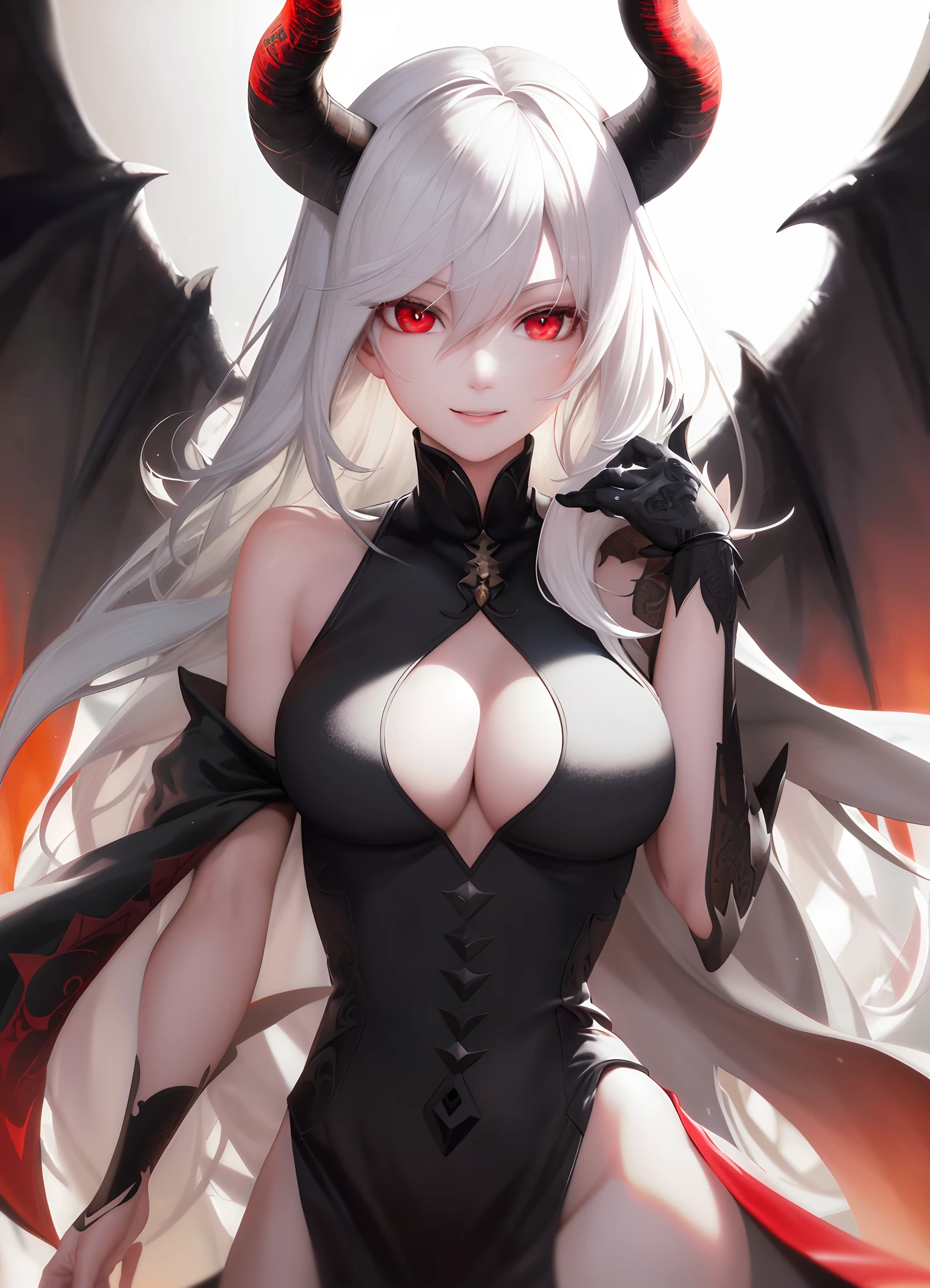 analog style, full torso shot, cold lighting, beautiful,
(white hair), dynamic pose, windblown hair, perfect face, (realistic eyes), round iris, (((red eyes))), perfect eyes, intricate, complex,
Helios 44-2, swirly bokeh, trending on artstation, sharp focus, studio photo, intricate details, highly detailed, sharp, dnd character portrait,((a pair of (((black))) horns on the head)),a ((balck)) dragon tail,a pair of (((black))) wings, (Monk),((white dress)),smile,(white dress),
(oil on canvas), perfect lighting, Masterpiece, detailed background, portrait by artgerm and greg rutkowski, cinematic lighting, 8k