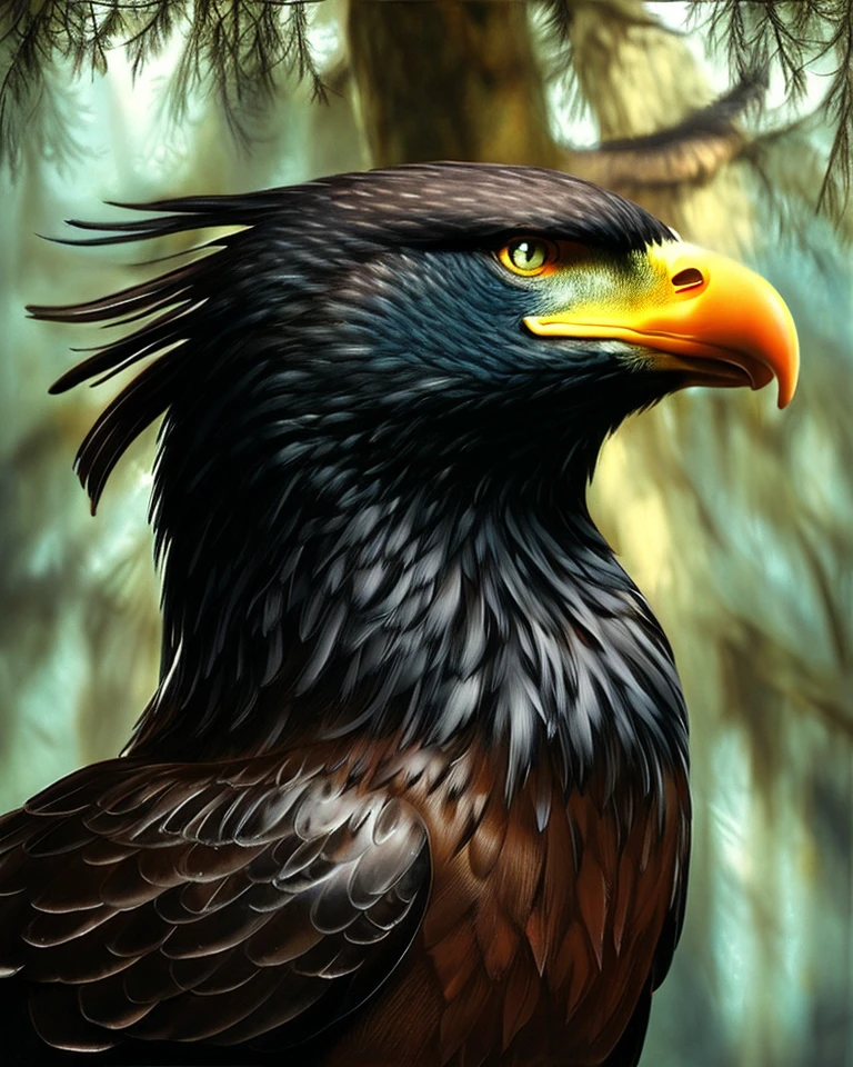 The magnificent eagle perches on a branch, its black feathers glistening in the sunlight. Its sharp eyes keenly survey the surroundings, exuding a sense of majesty and power. The surrounding forest is quiet, with only the soft sound of rustling leaves and chirping birds. The eagle's pose is strong and confident, a symbol of freedom and grace.