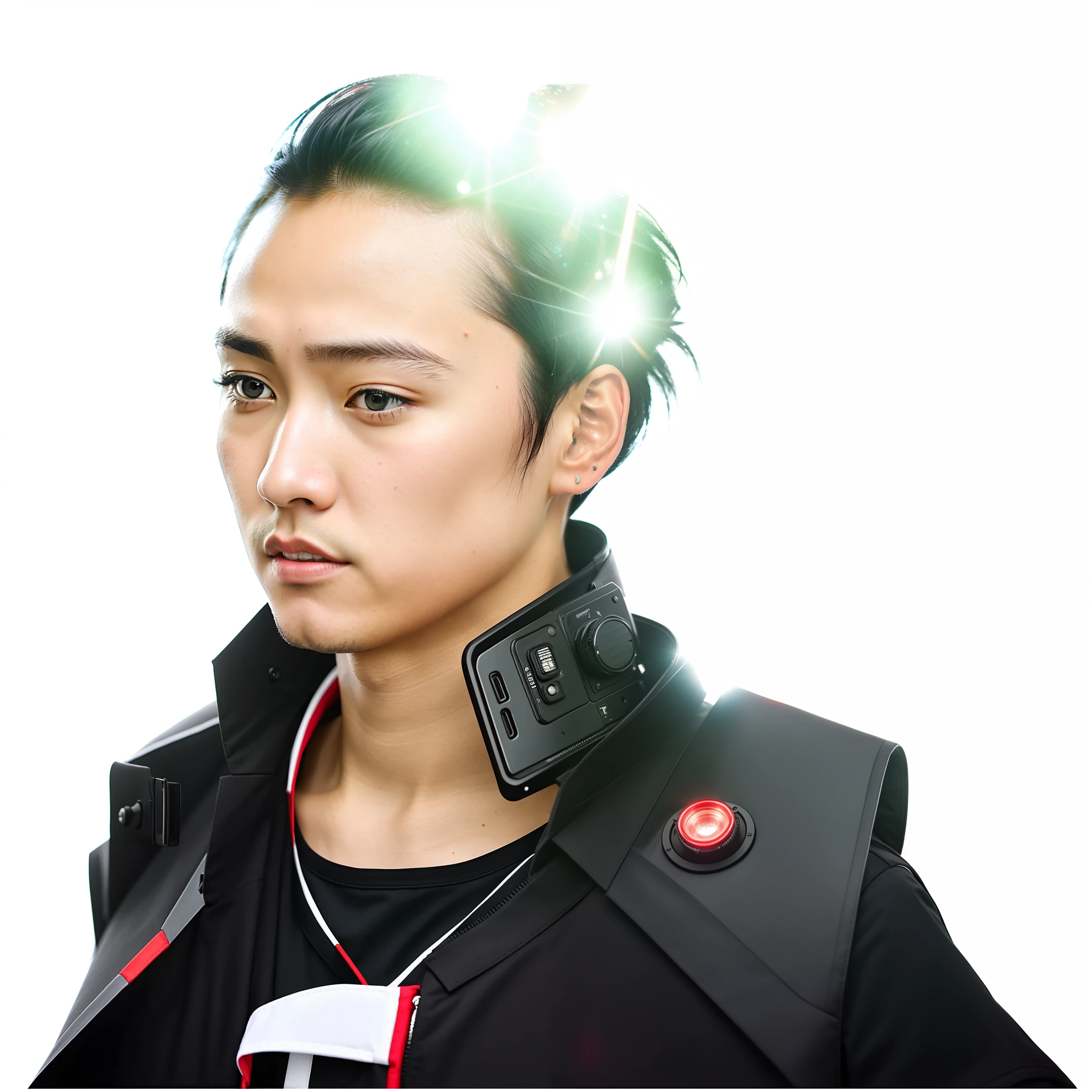 RAW photo, modelshoot style, (extremely detailed CG unity 8k wallpaper), side-view shot of (((japanese man :1.1))), ((black hair color:1.5)),(((japanese man hairstyle))), (((hightlighted red and white:1.1))), ((puffy eyes)),(((wearing red and white tactical vest:1.1))), (((futuristic tactical vest))),((man posture)), ((serious:1.3)), ((cyperpunk)),staring at viewer, realistic, masterpiece, highest quality, ((scifi)), lens flare, ((light sparkles)), unreal engine, digital painting, Style-TronLegacy-8v-B, trending on ArtStation, trending on CGSociety, Intricate, High Detail, dramatic, realism, beautiful and detailed lighting, shadows, (high detailed skin:1.2), 8k uhd, dslr, soft lighting, high quality, film grain, Fujifilm XT3,Look at the audience,back head,V-shaped forehead,No eyebrows,collar,Stand-up collar shirt,Senior high school student,Pupils stare at the audience,Mature high school students,There is a scar on the corner of the eyebrow
