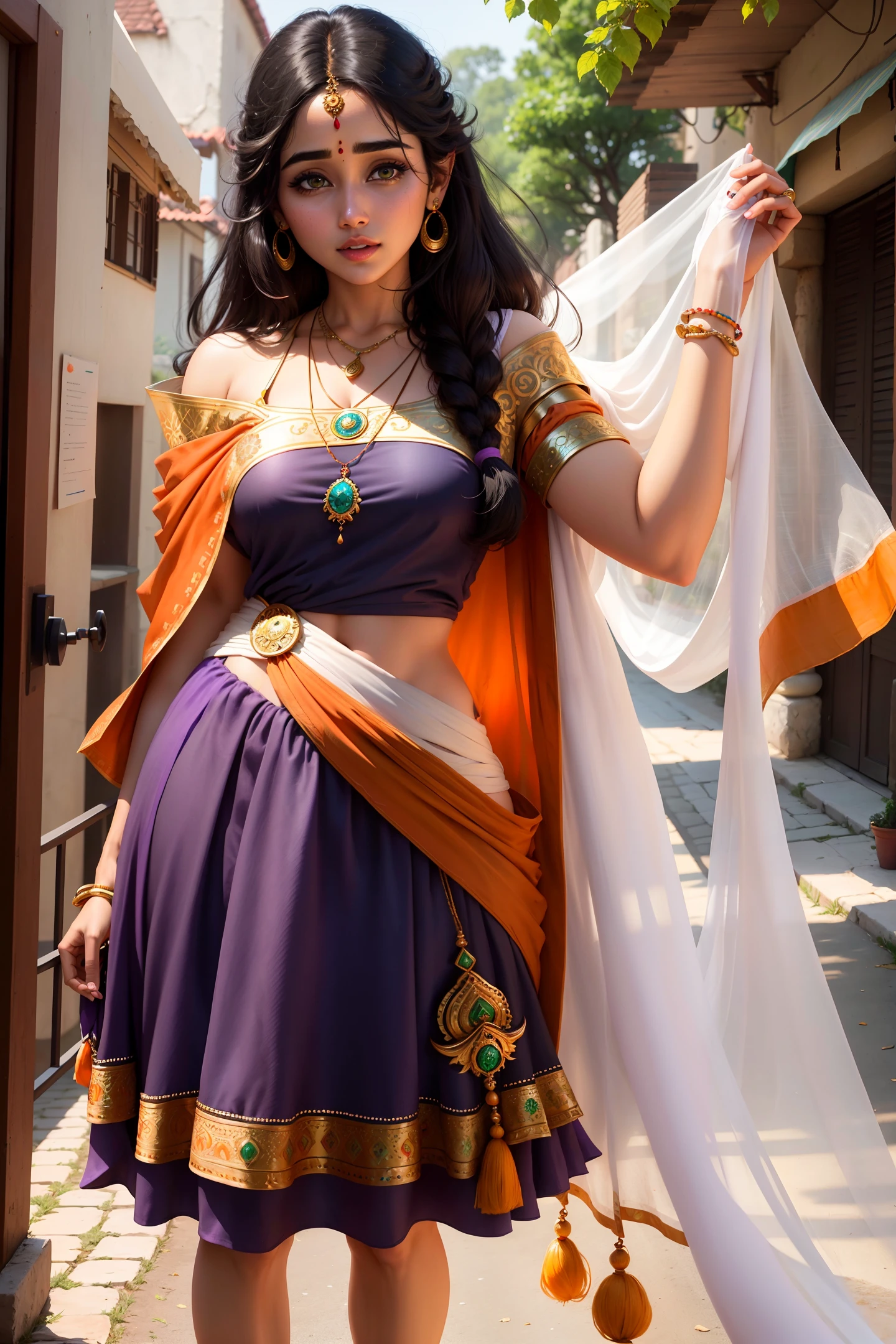 4k, beautiful, pretty face, elf girl, petite, young, 20s, (masterpiece:1.2), (best quality:1.2), (tiny waist:1.3), wide hips, necklace, perfect eyes, White eyes, white pupils, perfect face, perfect lighting, (shy:1.2), introvert, looking away, blush, (1girl) , black hair, violet outfit, (straight hair), wide mouth, thick lips,  india, Hinduism, indian clothes, a close up portrait photo of beautiful Raashi Khanna, Raashi Khanna, black  hair, violet and white dress, orange clothes, white clothes, green clothes, indian flag dress
