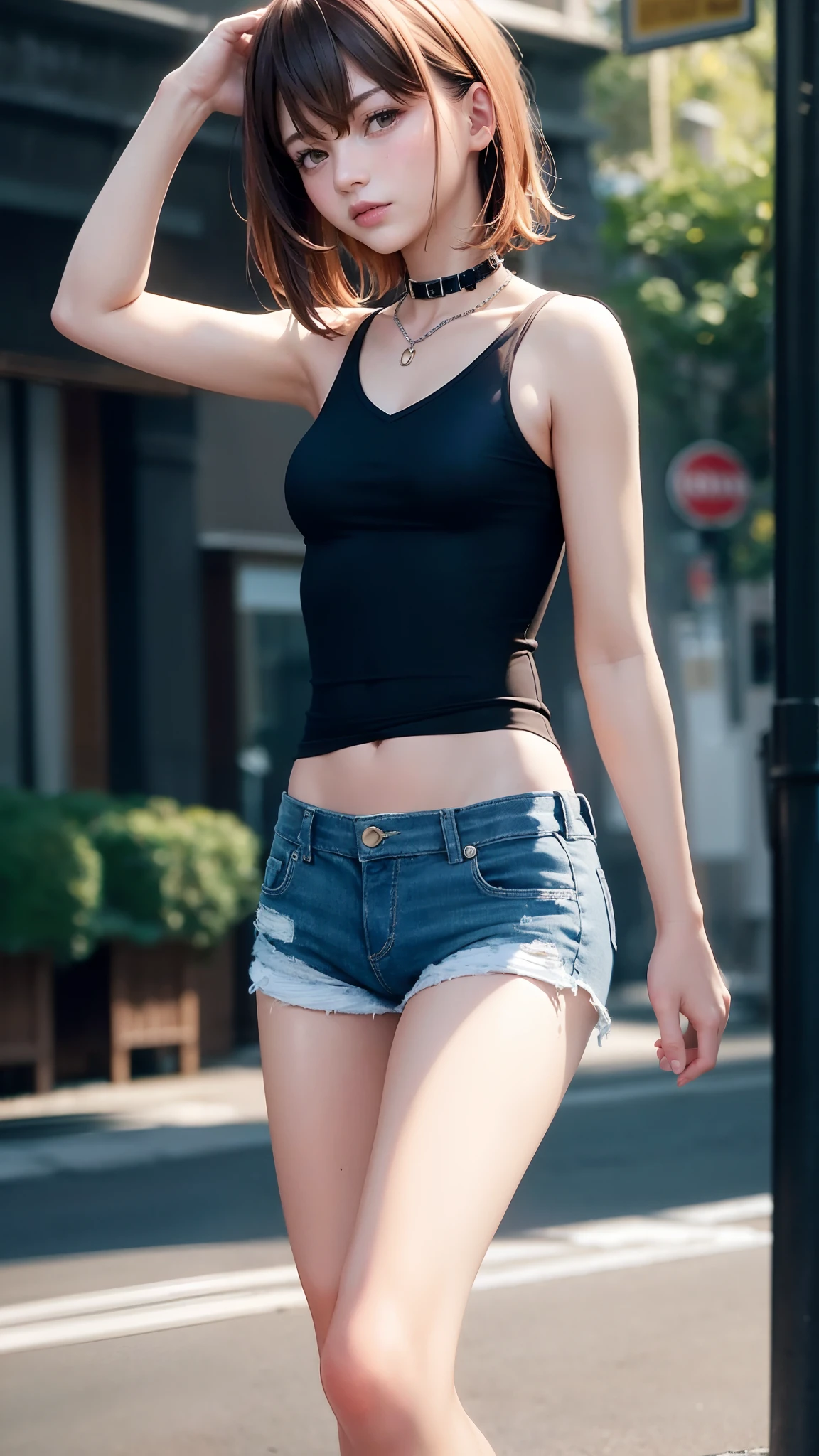 ((medium breast, tomboy girls, small head)), daylight, sunlight, (chiseled abs : 1.1), (perfect body : 1.1), (short wavy hair : 1.2) , auburn hair, collar, chain, full body shot, crowded street, wearing black tanktop, jeans jacket, ((shorts)), (extremely detailed CG 8k wallpaper), (an extremely delicate and beautiful), (masterpiece), (best quality:1.0), (ultra highres:1.0),  beautiful lighting ,perfect lightning, realistic shadows, [highres], detailed skin, ultra-detailed 