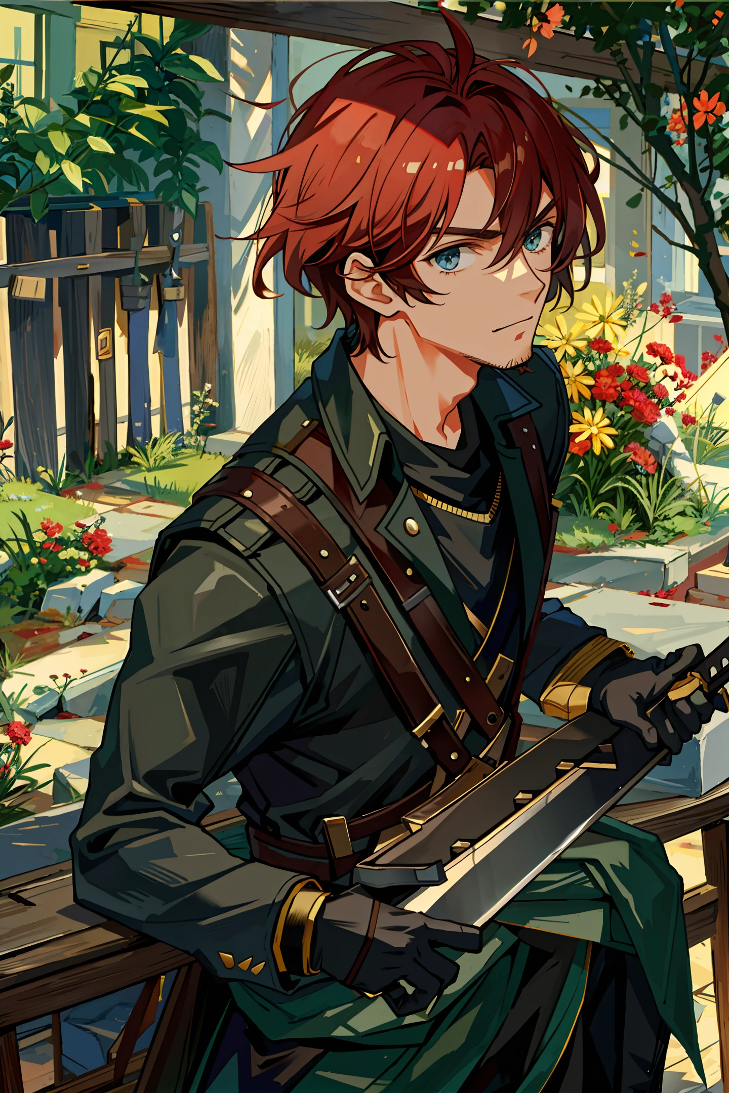 30 years old, Stubble, two swords, leather armer