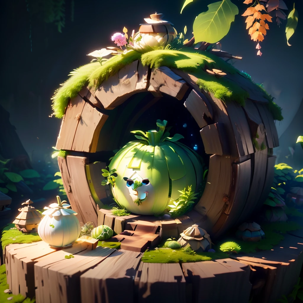 masterpiece, best quality, (extremely detailed CG unity 8k wallpaper), (best quality), (best illustration), (best shadow), A round turnip hut covered with moss, isometric 3D, octane render,ray tracing,ultra detailed
