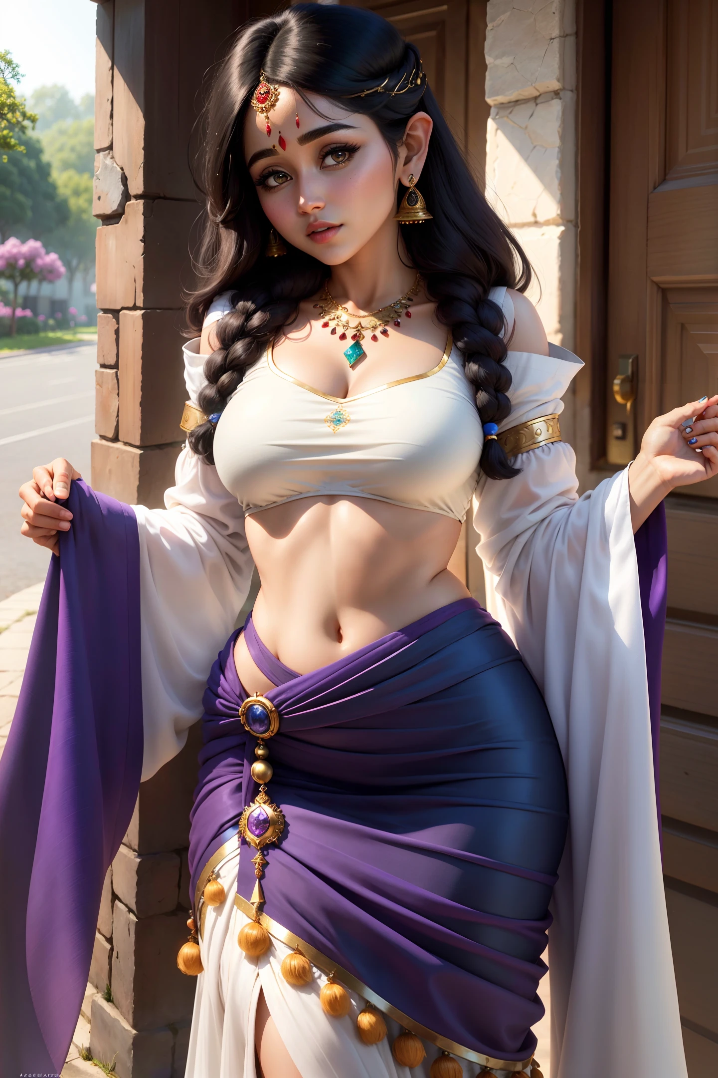 4k, beautiful, pretty face, elf girl, petite, young, 20s, (masterpiece:1.2), (best quality:1.2), (tiny waist:1.3), wide hips, necklace, perfect eyes, White eyes, white pupils, perfect face, perfect lighting, (shy:1.2), introvert, looking away, blush, (1girl) , black hair, violet outfit, (straight hair), wide mouth, thick lips,  india, Hinduism, indian clothes, a close up portrait photo of beautiful Raashi Khanna, Raashi Khanna, black  hair, violet and white dress