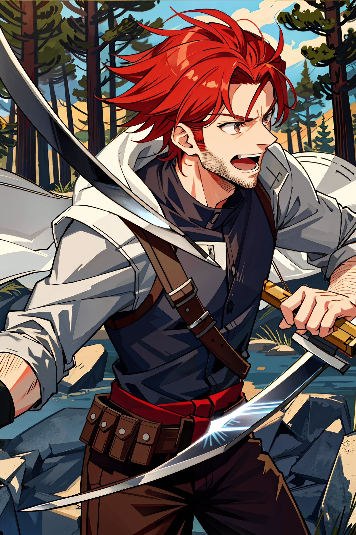 fighter, warrior, gray eyes, red hair, laughing, in the forest, 30 years old, Stubble, two swords, metal armer, stronger, mature, elder, dirty, darker, sunset