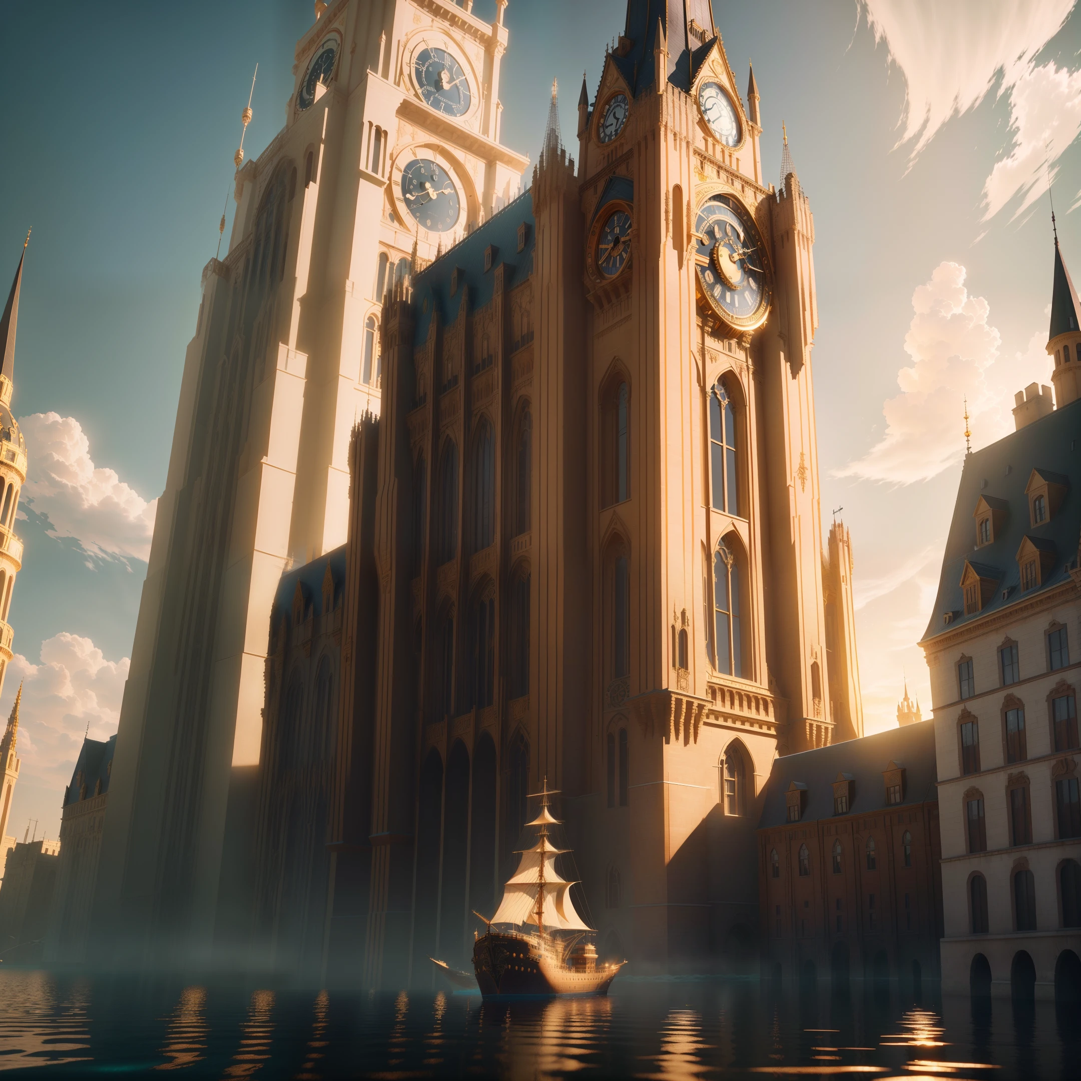 masterpiece, best quality, (extremely detailed CG unity 8k wallpaper), (best quality), (best illustration), (best shadow), a building with tower and clock is in the middle of water, in the style of steampunk-inspired designs, rendered in maya, meticulous design, biblical grandeur, terracotta, solarpunk, aerial photography， isometric 3D, octane render,ray tracing,ultra detailed