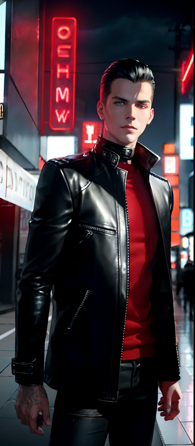 Outdoors, male, wearing leather coat (red), wearing black jeans, blue eyes, glowing eyes, slicked-back black hair, grey skin, urban environment, night, neon signs, 8k, Unreal engine, highly detailed, photorealistic
