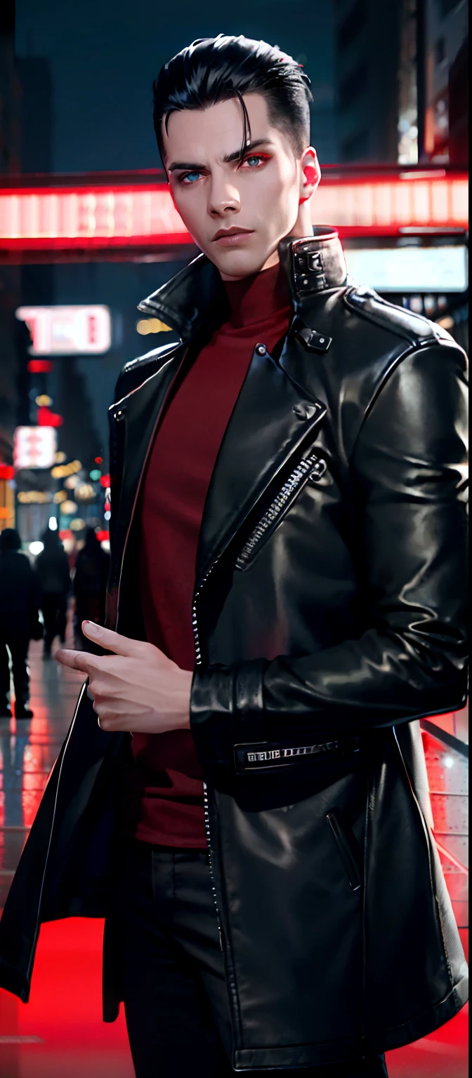 Outdoors, male, wearing leather coat (red), wearing black jeans, blue eyes, glowing eyes, slicked-back black hair, grey skin, urban environment, night, neon signs, 8k, Unreal engine, highly detailed, photorealistic
