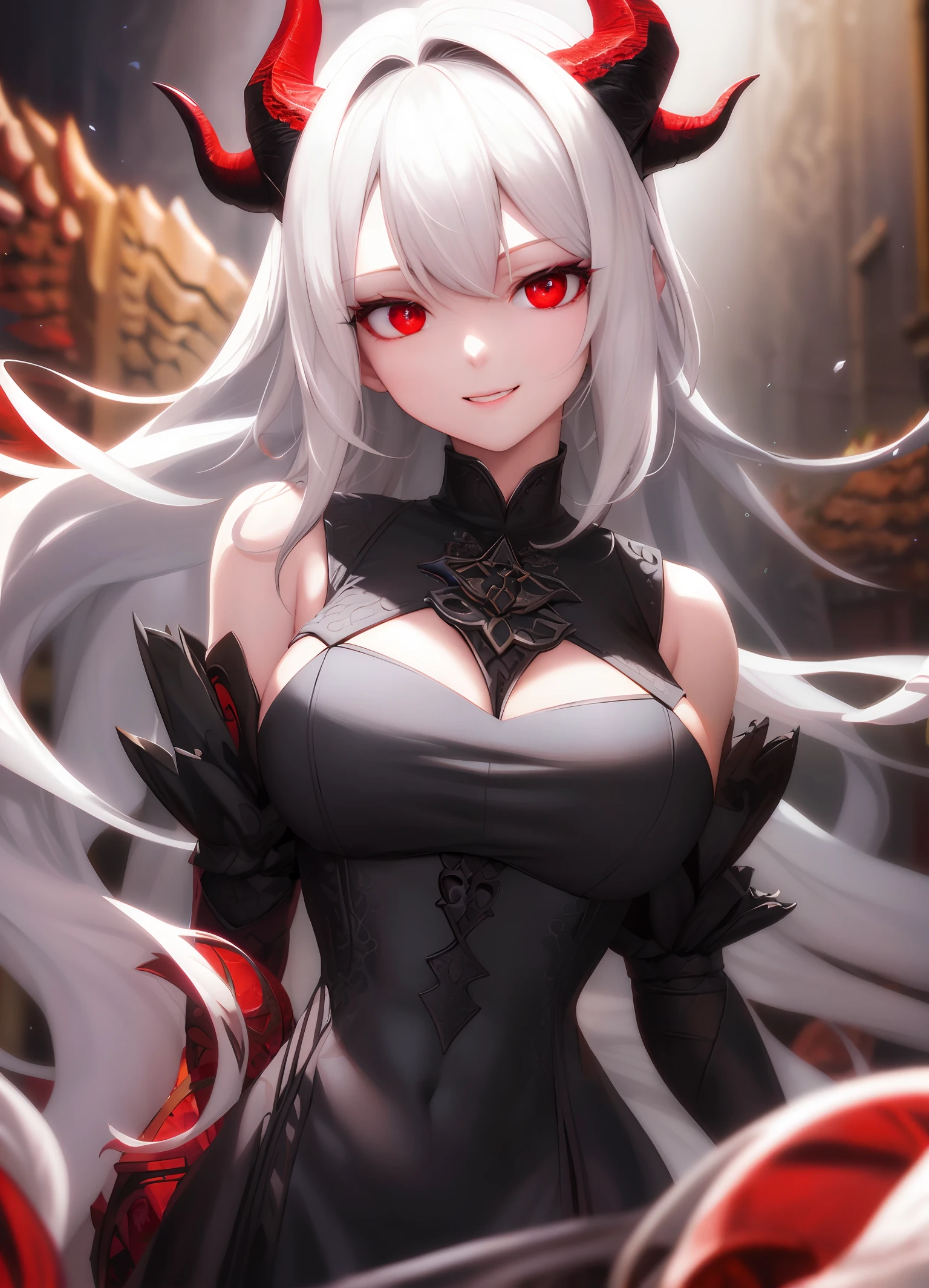 analog style, full torso shot, cold lighting, beautiful,
(white hair), dynamic pose, windblown hair, perfect face, (realistic eyes), round iris, (((red eyes))), perfect eyes, intricate, complex,
Helios 44-2, swirly bokeh, trending on artstation, sharp focus, studio photo, intricate details, highly detailed, sharp, dnd character portrait,((a pair of (((black))) horns on the head)),a ((balck)) dragon tail,a pair of (((black))) wings, (Monk),((white dress)),smile,(white dress),
(oil on canvas), perfect lighting, Masterpiece, detailed background, portrait by artgerm and greg rutkowski, cinematic lighting, 8k