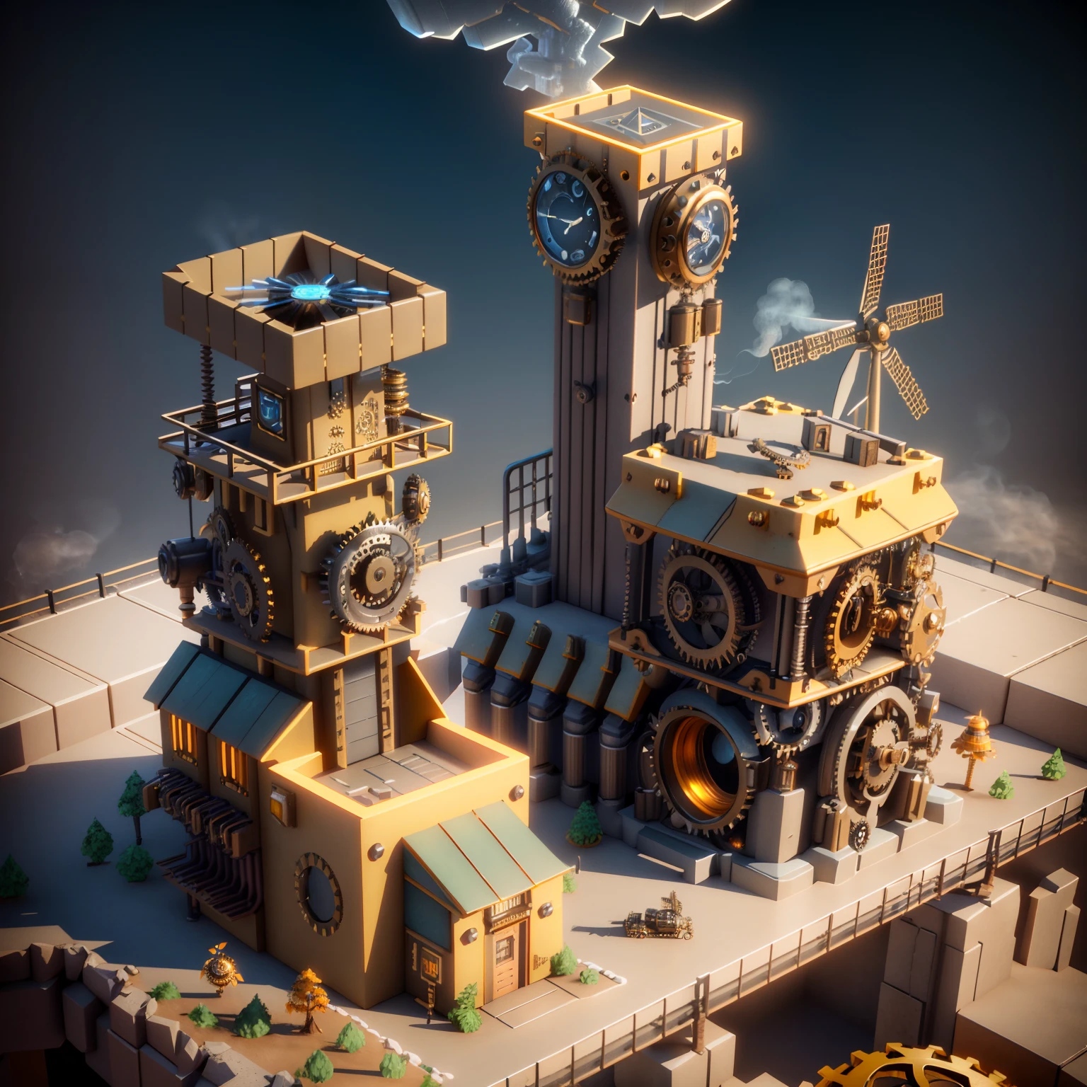 isometric perspective,3D Render,realistic style ,highly detailed 3D game levels,(steam punk:1.3), (mechanical punkgear:1.4), clock, conveyor belt, windmill, rigorous science, artistic style,Vray rendering,Art station, High quality, ultra-high definition details,concept design,cinematic light, very high definition, high details, 8k, hyper realistic, high detail,global illumination,realistic lighting,Unreal Engine rendering,Substance 3D, Octane rendering,