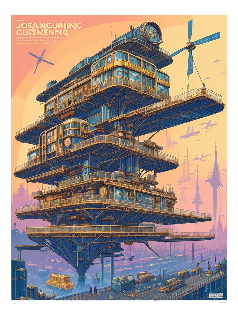(art by Josan Gonzalez:1.2), detailed, sharp image, rim light,clean lines with simple and elegant color,(steam punk:1.1), (mechanical punk:1.2),(monomer building),cargo box,conveyor belt,(piping:0.5),windmill,poster, hdr,